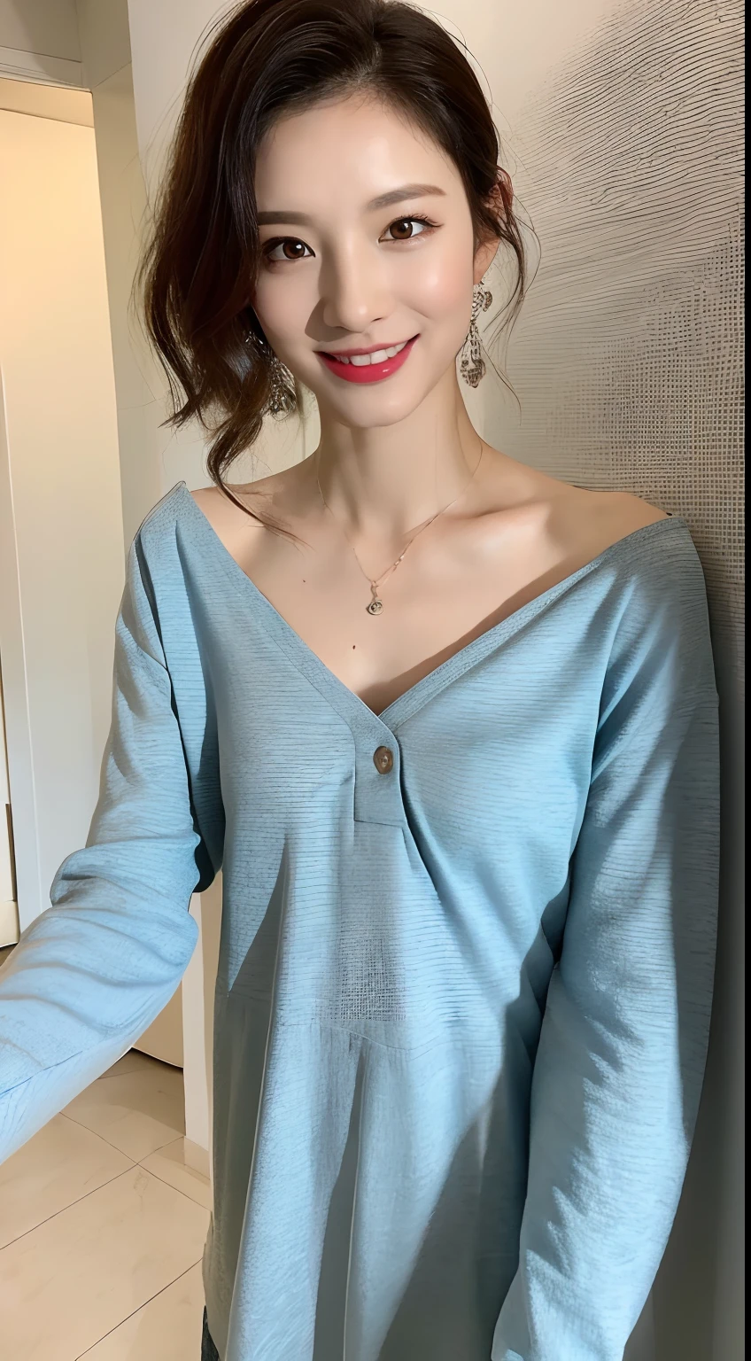 ((Best picture quality, 8K, tmasterpiece:1.3)), 1girll, Beautiful woman with slender abs:1.3, (Casual hairstyle, ), (shift dresses:1.4), Ultra-fine face, A detailed eye, 二重まぶた,ssmile,Home