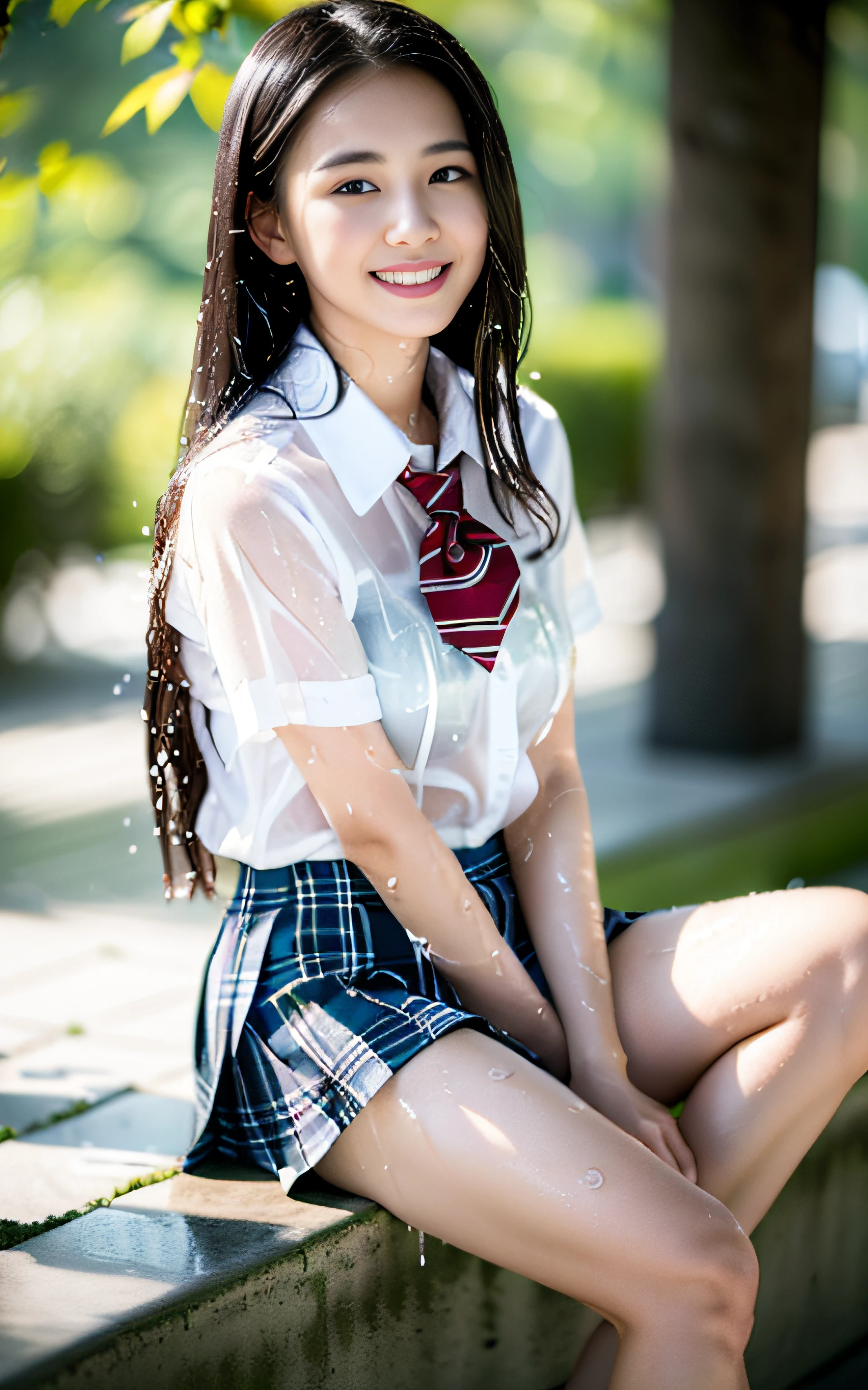 the Extremely Detailed CG Unity 8K Wallpapers、top-quality、ultra-detailliert、masterpiece、realisitic、Photo Real、extremely detailed cute girl、18year old、(High school student in Japan uniform)、red blush、cparted lips、looking at the viewers、Semi-body shot、(Scenery of the rainy season)、(Japan high school uniform and designated shoes)、(short plaid skirt:1.5)、(Short sleeve white shirt for students)、 (neck tie:1.2)、(light brown random hair)、(beauitful face:1.3)、(perfectly proportions:1.2)、(Long feet:1.2)、(small tits:1.3)、(Textured skin)、Looks Back、over the shoulder view、focused shot、((Blouse wet from rain、The brusher can see through))、(The bra on the back shows through)、smirk grin、(((wetting hair、wetted skin)))、((The upper part of the body))、Angle from above、((Sheer))