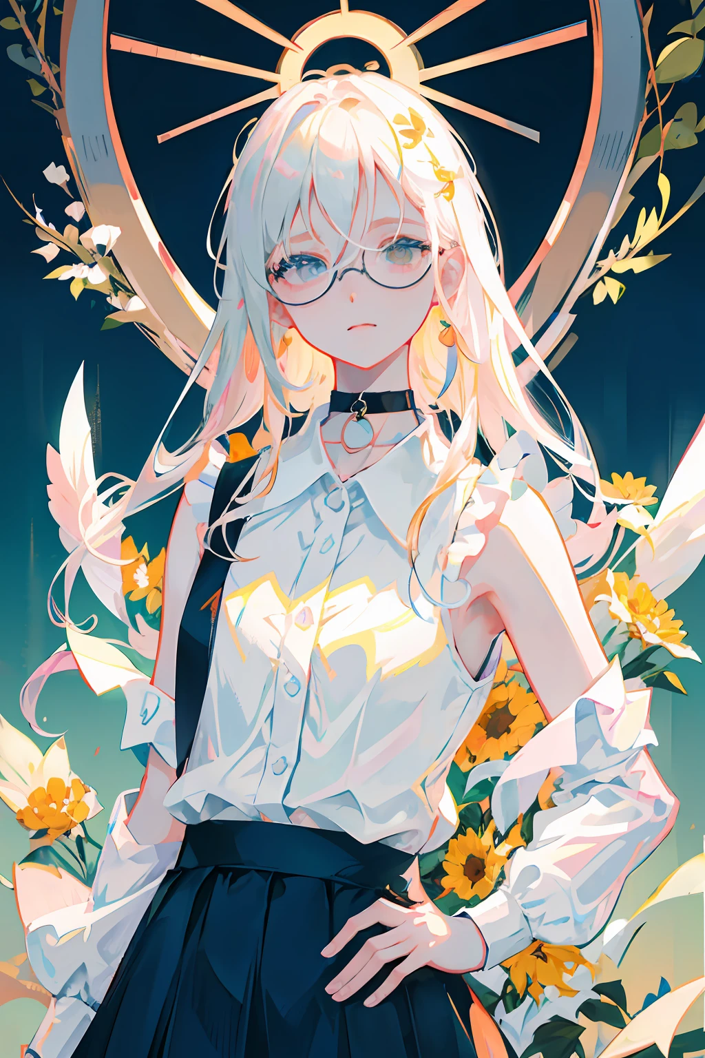 best quality, ultra high res, (photorealistic:1.4), 1woman, sleeveless white button shirt, black skirt, black choker, ((glasses)), (Kpop idol), (aegyo sal:1), (platinum blonde grey hair:1), ((puffy eyes)), looking at viewer, full body, flowers