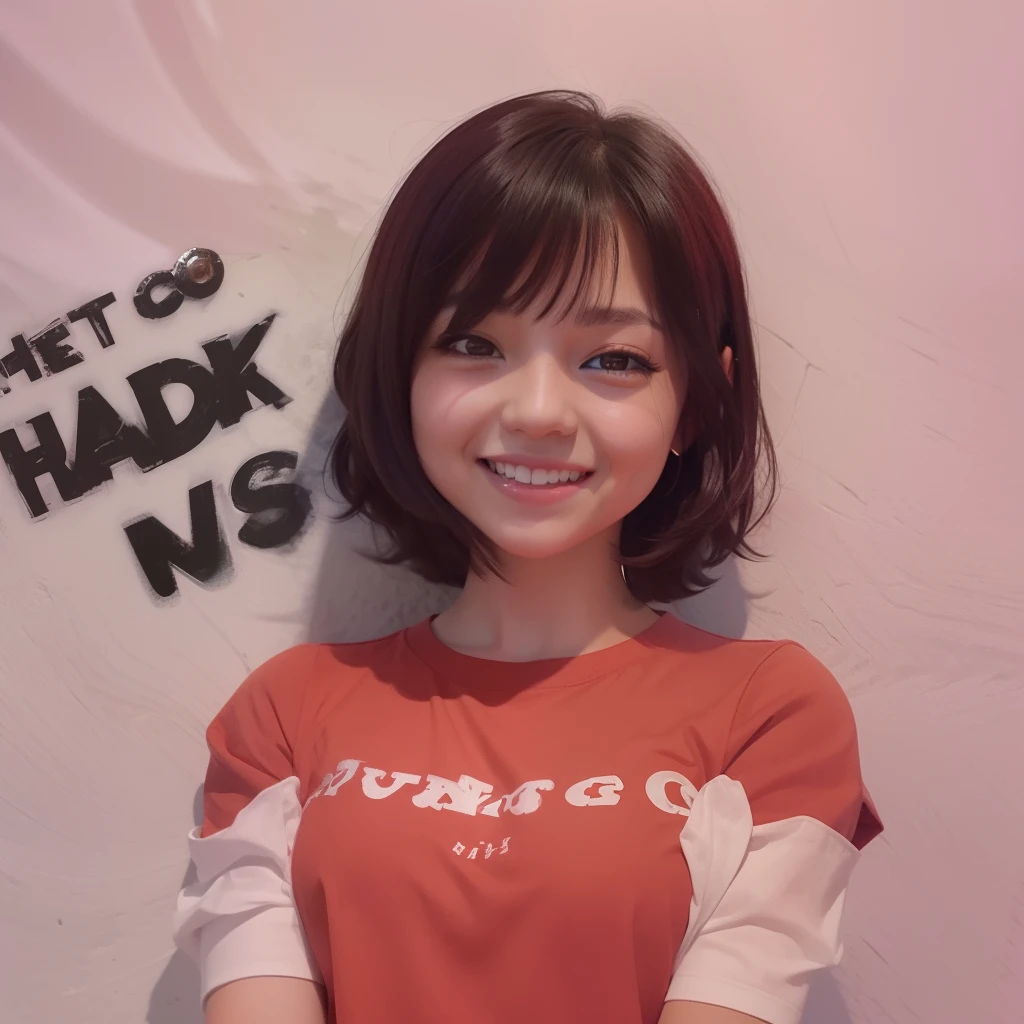 one girl, short hair, smile showing her teeth, short sleeved red shirt, black hair
