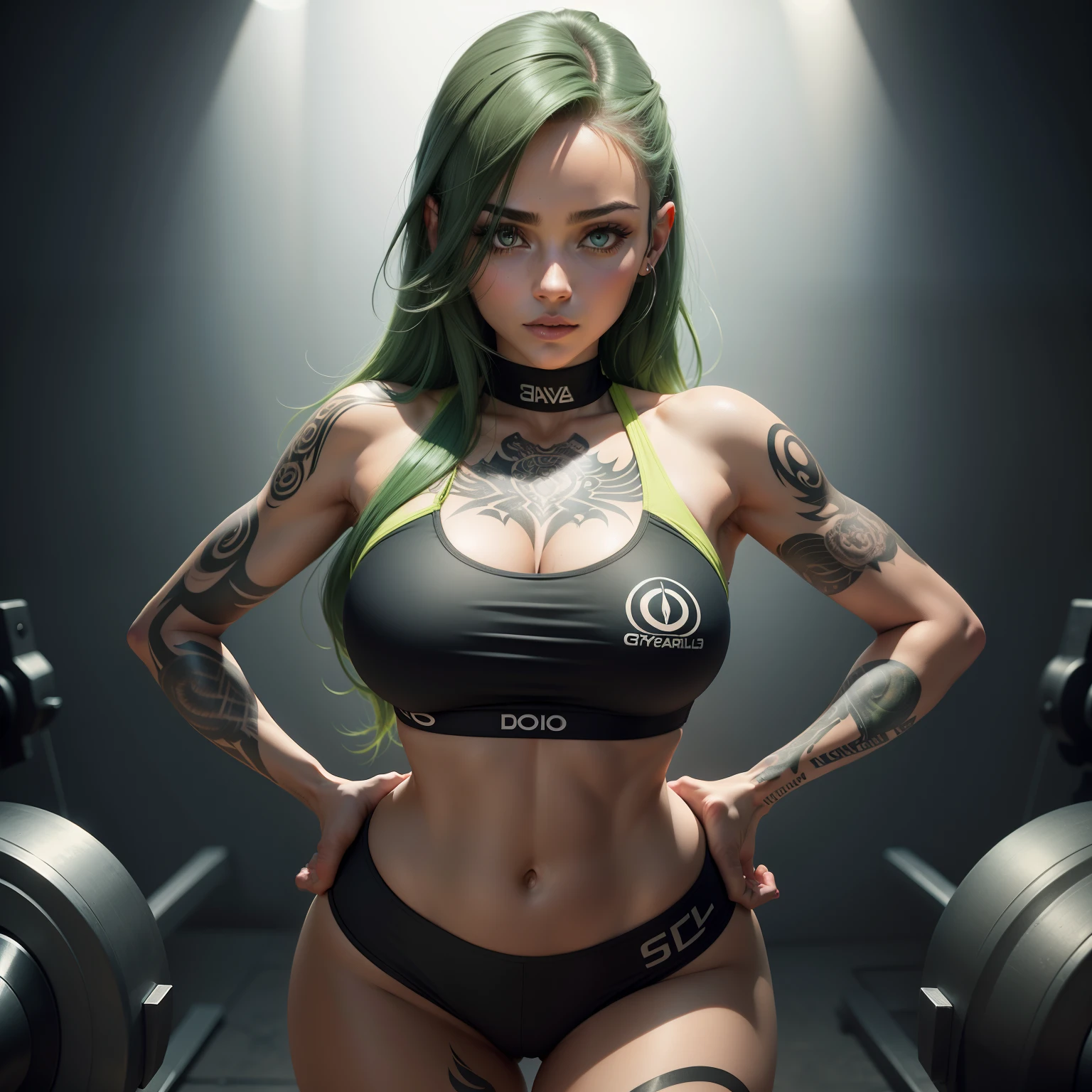 Por favor, crie uma imagem que apresente uma mulher bonita com cabelos loiros, olhos verdes brilhantes e pele branca. She is wearing a gym outfit and has artistically designed tattoos all over her body. The woman is standing, with legs apart and hands on waist. Your gaze is fixed directly on the camera, reflecting confidence and self-esteem."