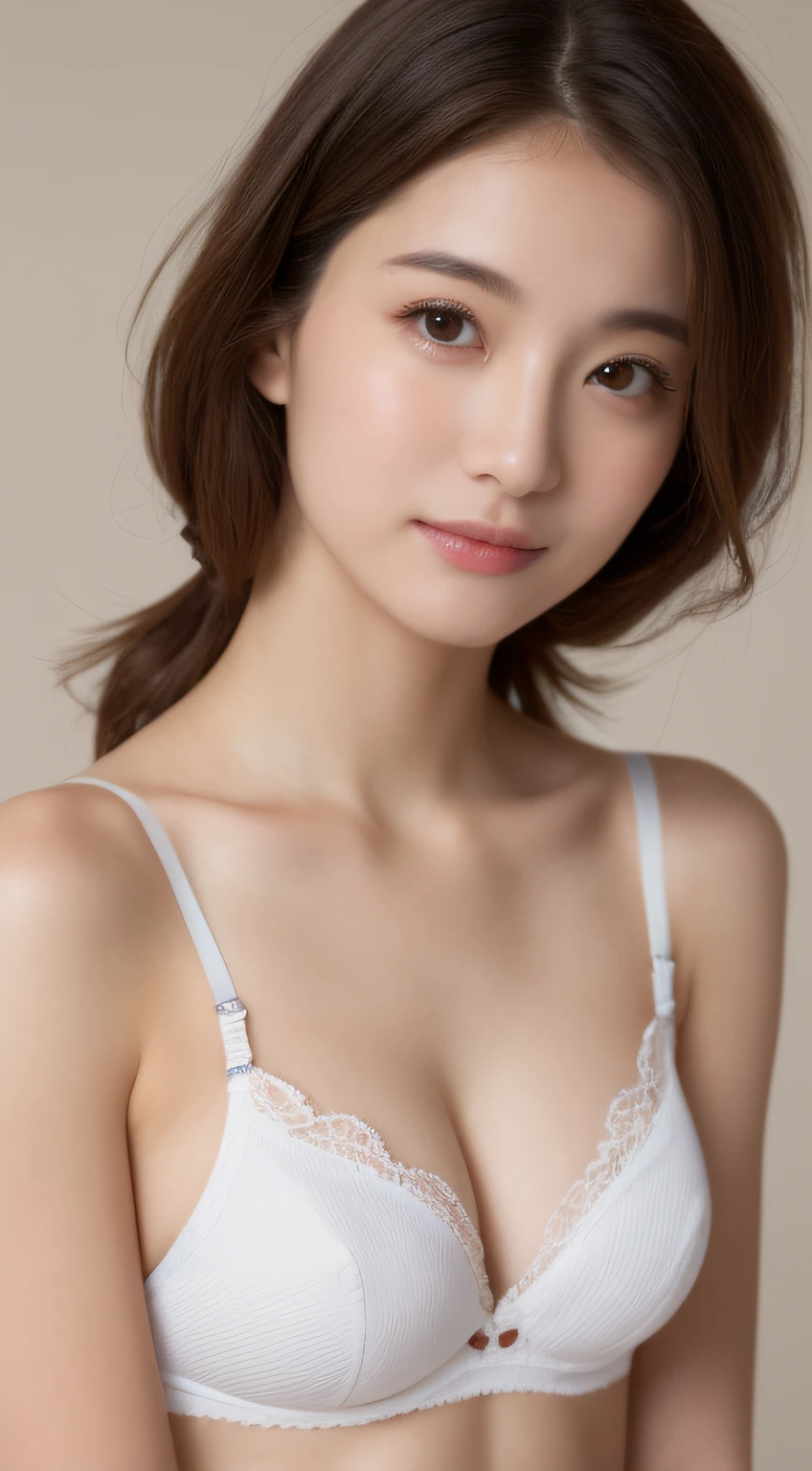 ((Best picture quality, 8K, tmasterpiece:1.3)), 1girll, Beautiful woman with slender abs:1.3, (Casual hairstyle, :1.2), Pink low-cut bra，Super large，The skin is very white，Ultra-fine face, A detailed eye, 二重まぶた，ssmile。Take pictures in cute poses，The figure is very bad，tiny small waist，Super big breasts，Close-up，Close-up chest，White-skinned，The background is casual，Close-up Shot Shot