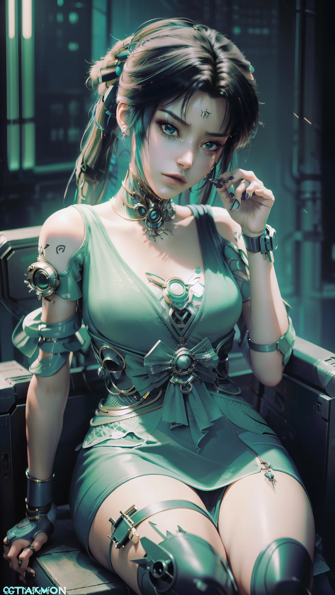 There is a woman sitting on a chair,Wearing a cat's costume, cyberpunk anime girl, female cyberpunk anime girl, cyber school girl, Cyberpunk 2 0 y. o model girl, dreamy cyberpunk girl, Digital cyberpunk anime art, muted cyberpunk style, Cyberpunk costumes, anime cyberpunk art, trending on cgstation, cyberpunk anime girl mech, cyberpunk anime art, cyberpunk femme fatale