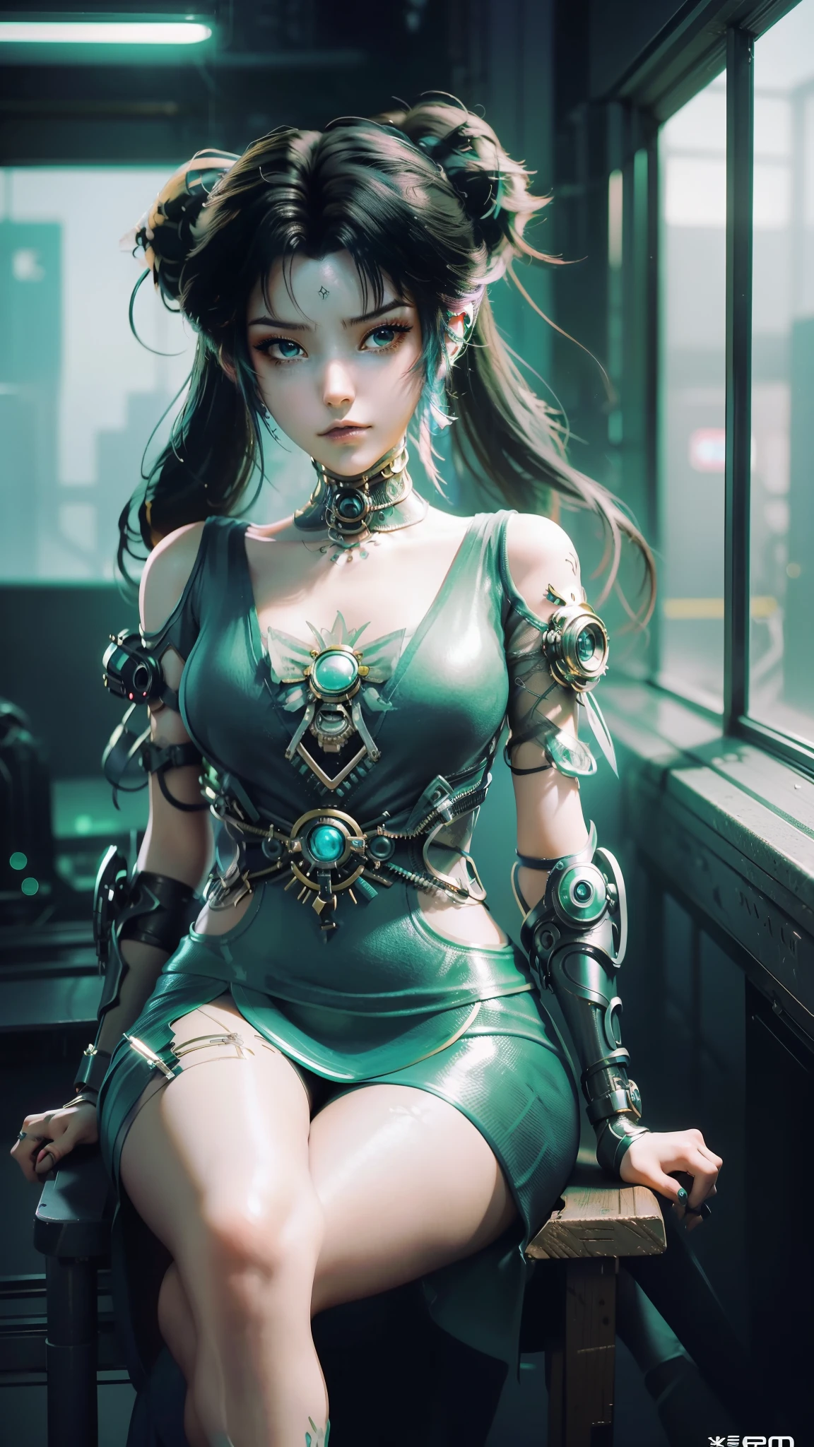 There is a woman sitting on a chair，Wearing a cat's costume, cyberpunk anime girl, female cyberpunk anime girl, cyber school girl, Cyberpunk 2 0 y. o model girl, dreamy cyberpunk girl, Digital cyberpunk anime art, muted cyberpunk style, Cyberpunk costumes, anime cyberpunk art, trending on cgstation, cyberpunk anime girl mech, cyberpunk anime art, cyberpunk femme fatale