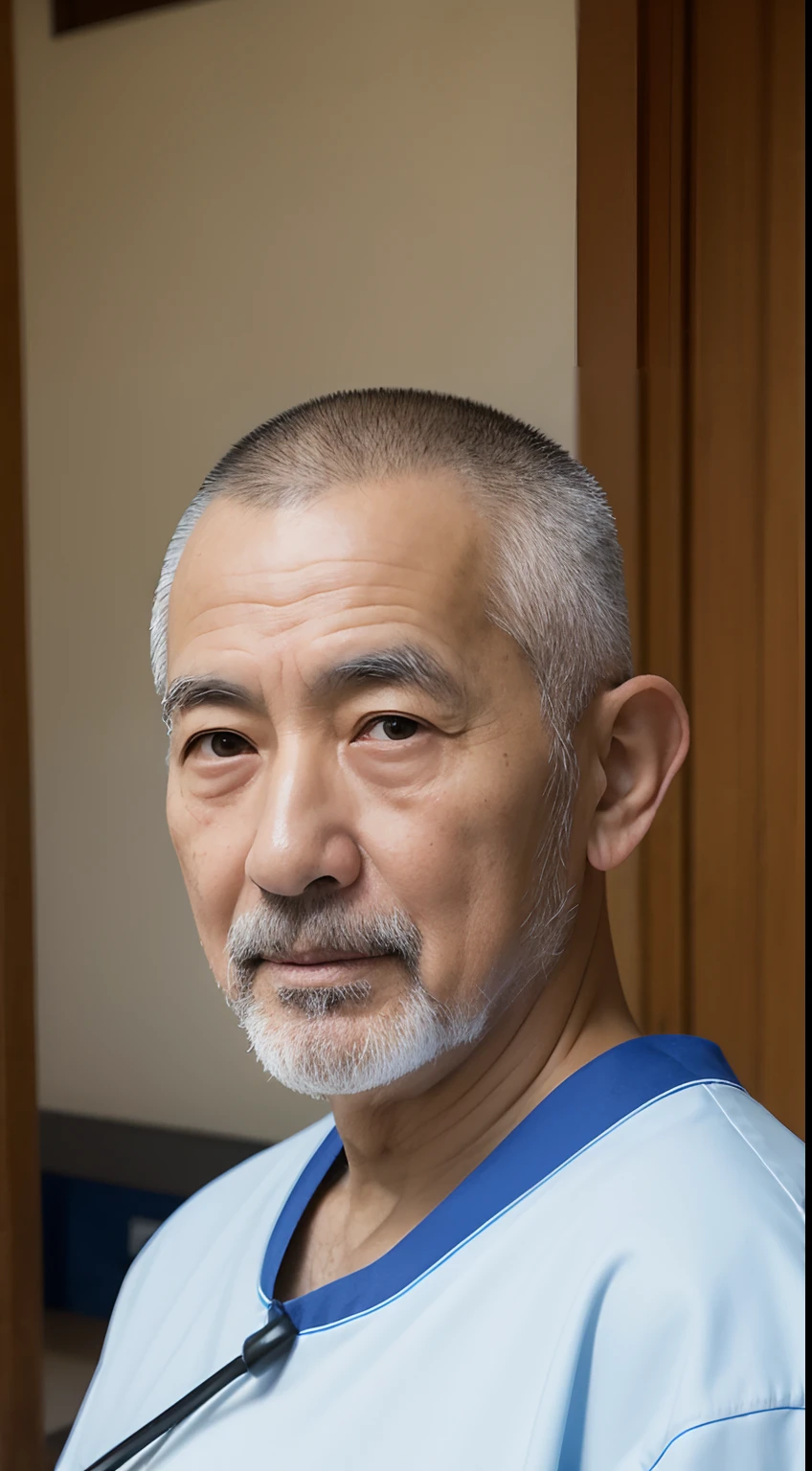4K、Raw photo、Photoreal Stick、hight resolution、Men in Japan、a handsome、skin head、Care worker、Use your smartphone at a nursing home and ask for delivery