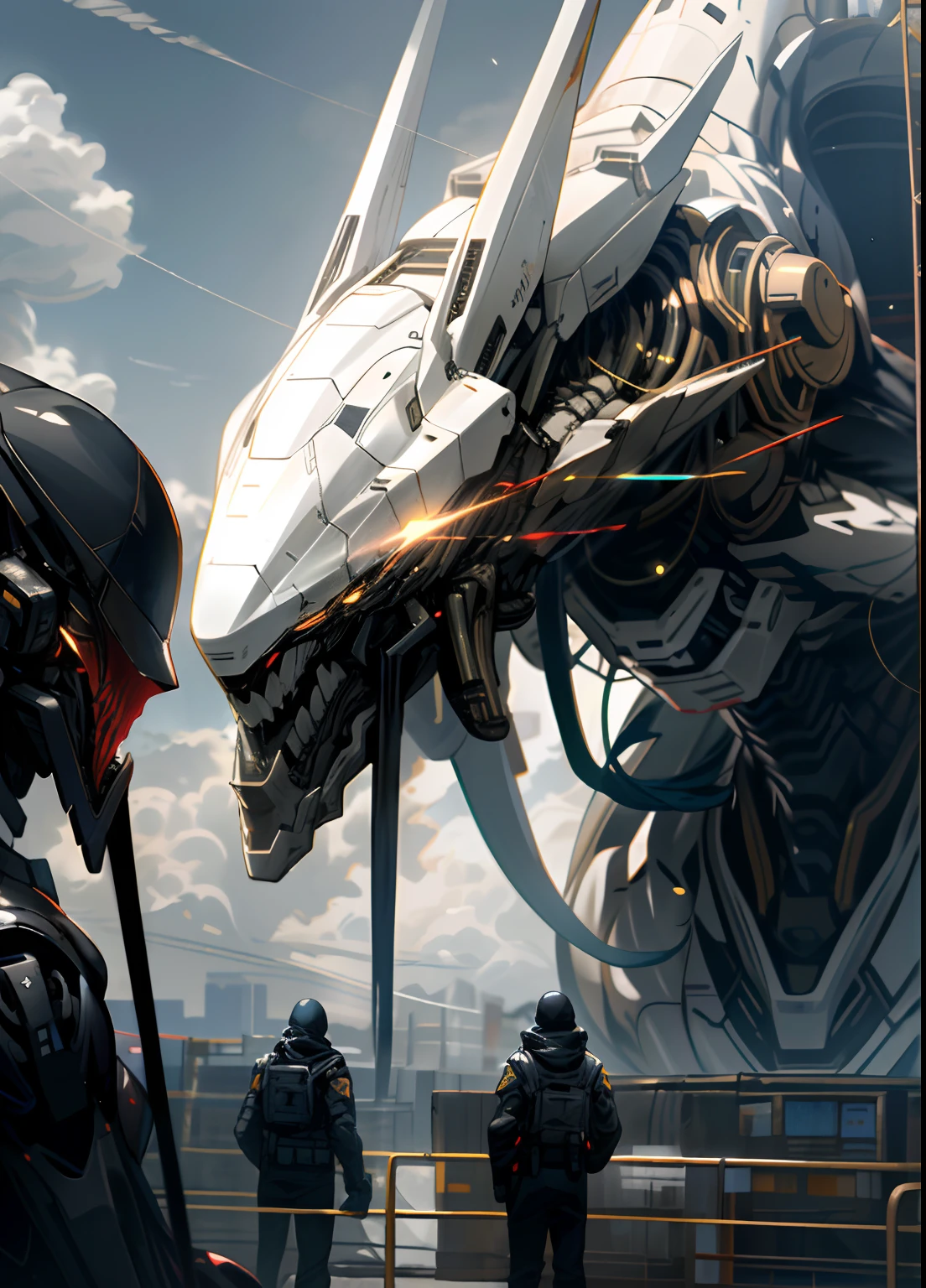 Skysky,clouds,Holding_arma,,with light glowing,,droid,buliding,Glowing_Eyes,Mecha,scientific fiction,城市,Realistis,Mecha,extraterrestial,extraterrestial,extraterrestial,Xenomorph