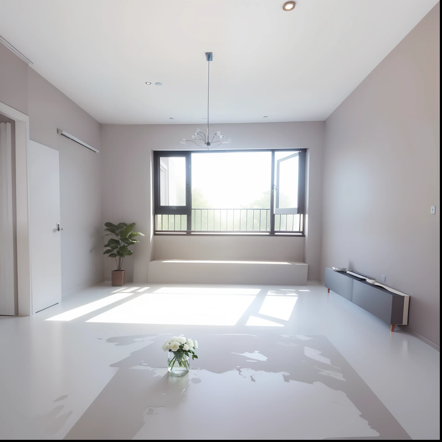 A living room with a modern style，Interior design，Van brown is the dominant and neutral tone，Modern popular furniture and some flowers and greenery，Simple and practical TV background wall，Exquisite wooden floors，Beautiful artistic chandelier