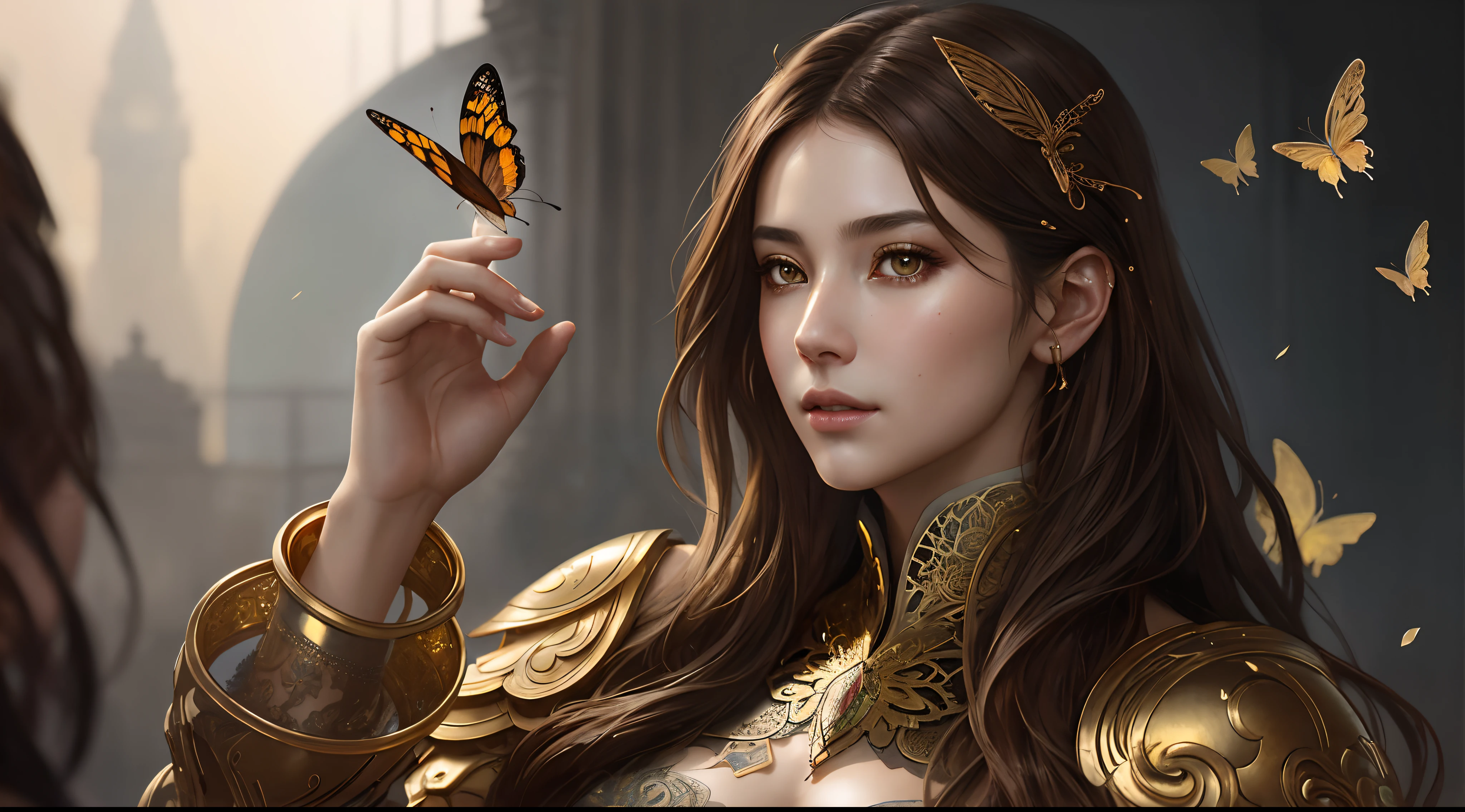 Style-Empire, 8k portrait of beautiful young woman with brown hair, intricate, elegant, highly detailed, majestic, digital photography, art by artgerm ruan jia and greg rutkowski surreal wet paint gold butterfly filigree, broken glass