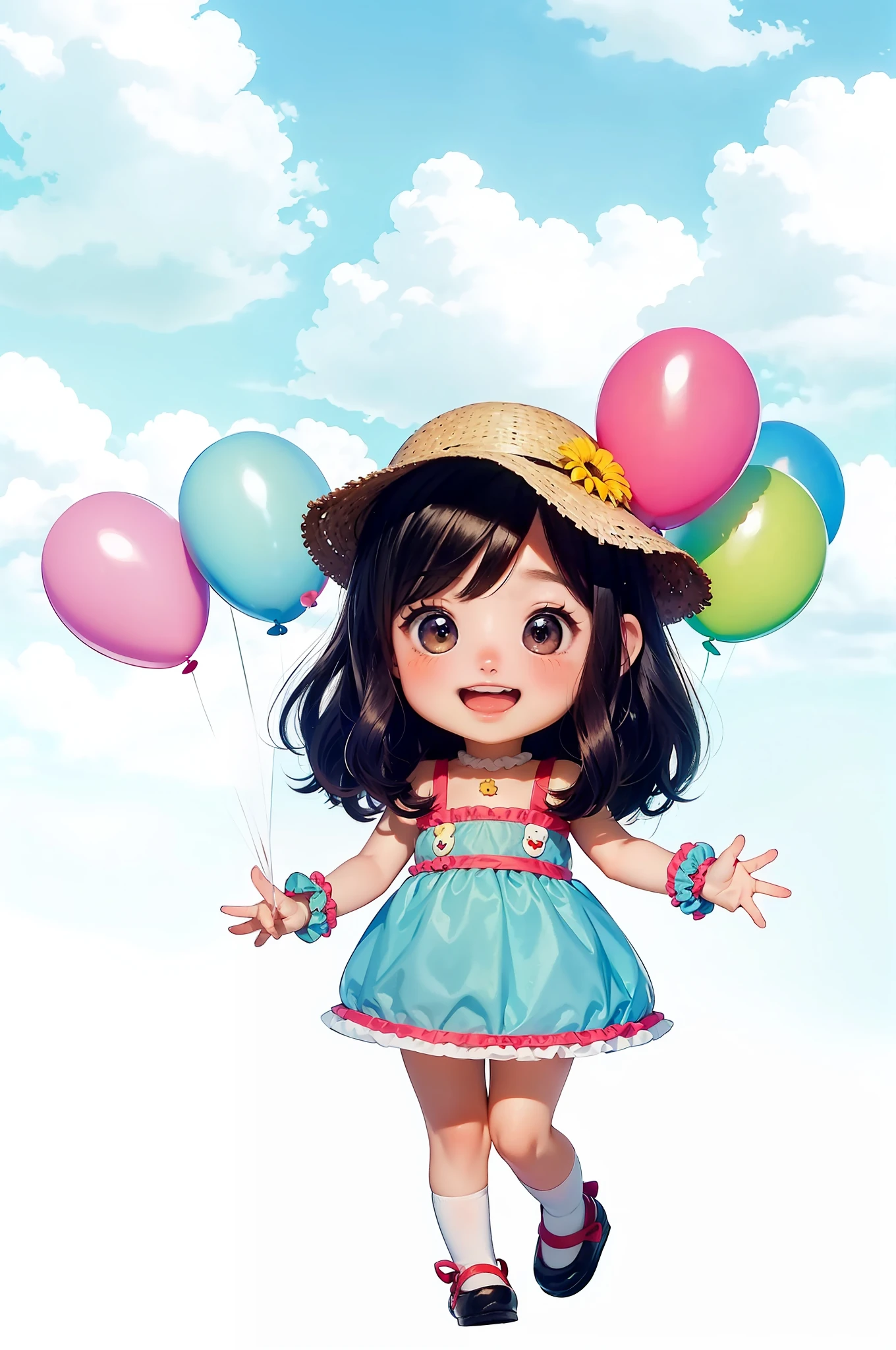 figure，girl with blue sky, zoo，pigeon, many balloons, happy, happy, perfect quality, clear focus, happy，detail face，pop mart style art