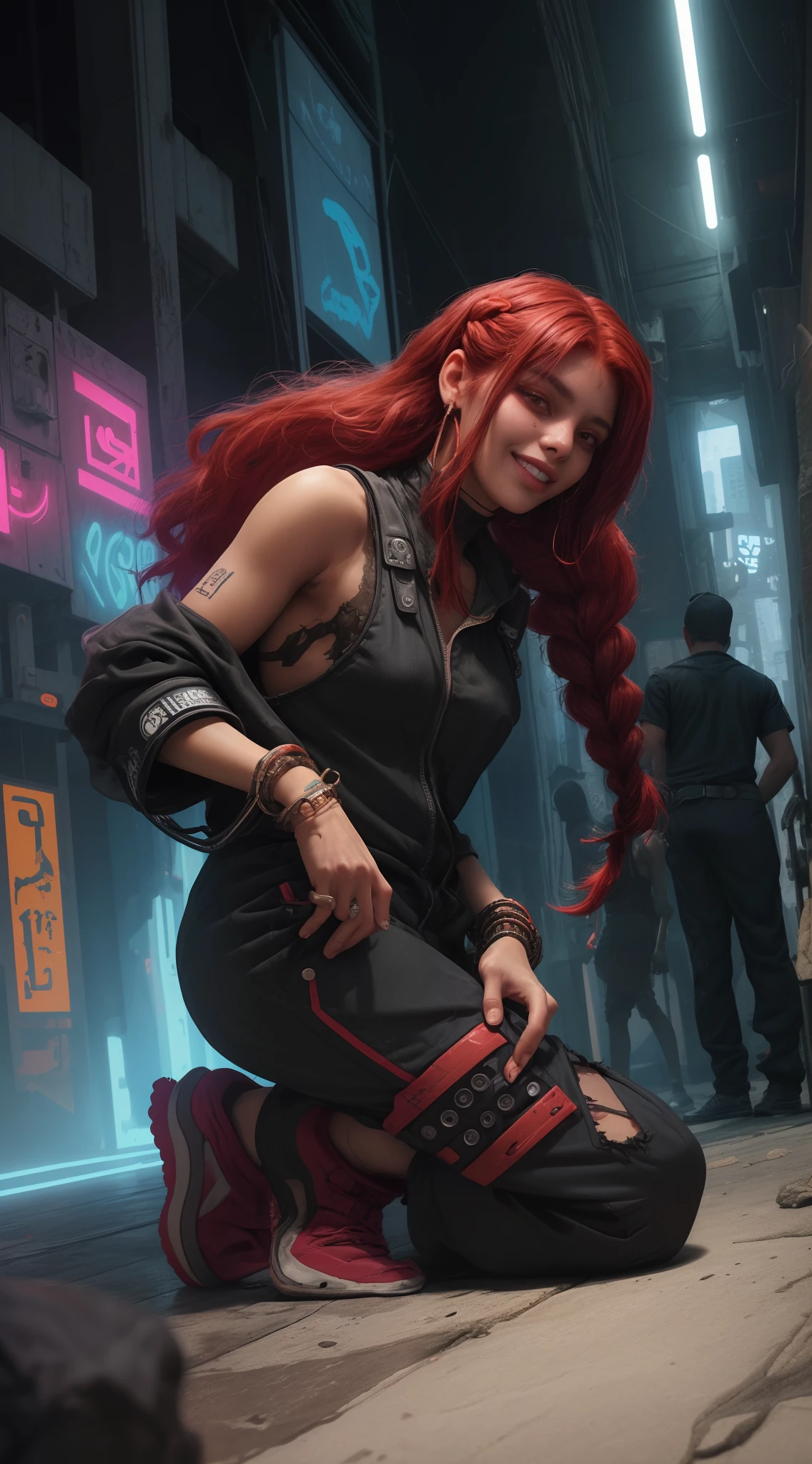 1 Egyptian girl smiling 18 years old profile ,close up angle, Red hair braids , Sexy short jumpsuit clothes,( torn shirtless jumpsuit),seios grandes , kneeling on the floor, (fundo cidade cyberpunk neon a noite) ,8K Ultra realista