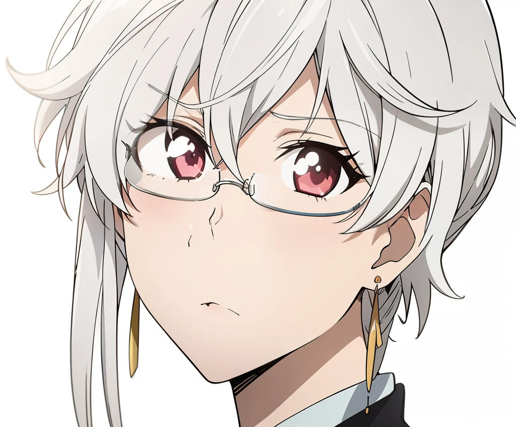 1girl, solo, (masterpiece:1.2, best quality), glasses, ((rim-less eyewear)), anime character with white hair and earrings looking at something, a silver haired mad, white haired deity, yoko taro, neferpitou, nagito komaeda, nyaruko-san, kaworu nagisa, white haired, shiro from deadman wonderland, white-haired, inspired by Okumura Togyu, as an anime character, silver haired