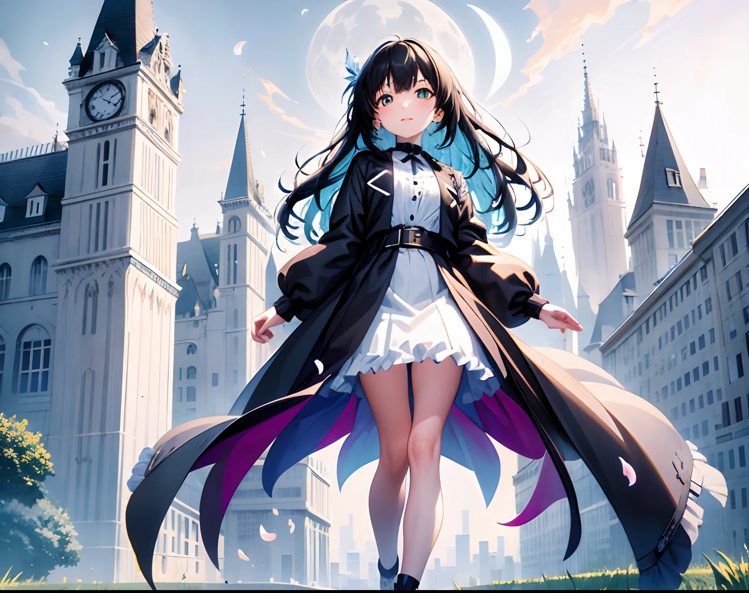 [(white background:1.5),::5] (isometric:1.0), double exposure, bubble, mid shot, full body, // tmasterpiece, best quality, 1girl, (colorful),(Delicate beautiful eyes and delicate face),cinematic lighting,bust shot,the Extremely Detailed CG Unity 8K Wallpapers，Castanhos escuros，long whitr hair，green-eyed，solo，ssmile，Delicate skirt，((flying petal)),(Flowery meadow) sky, cloudy_sky, building, moonlight,themoon，the night，（dark themes：1.3），optic，fanciful，looking at viewert，