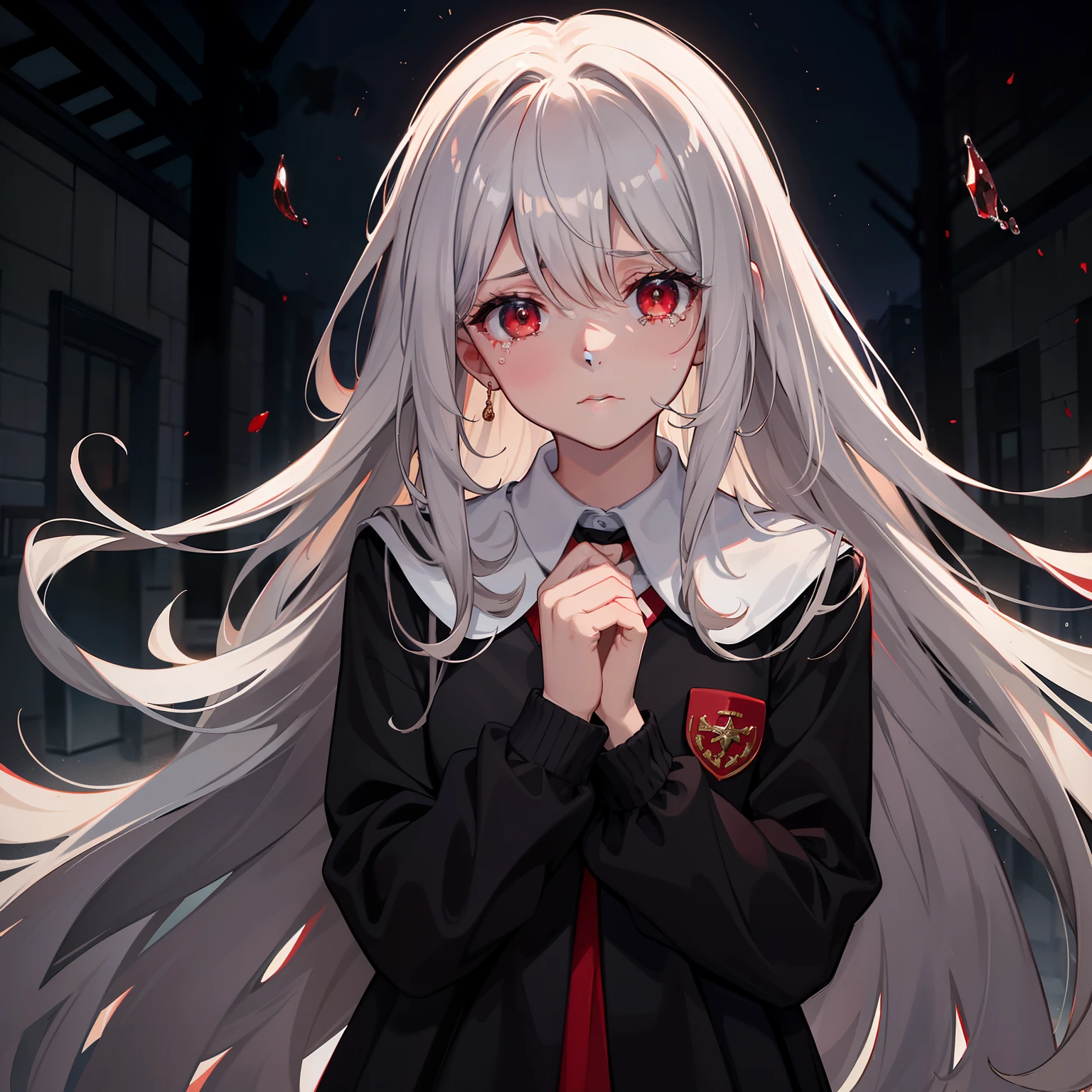 cabelos preto e longos,red color eyes,streaming tears,Crying unwillingly,raining day,Fall to the ground,in school uniform,The corners of the eyes were slightly red and crying,A particularly sad look,Grief-stricken look