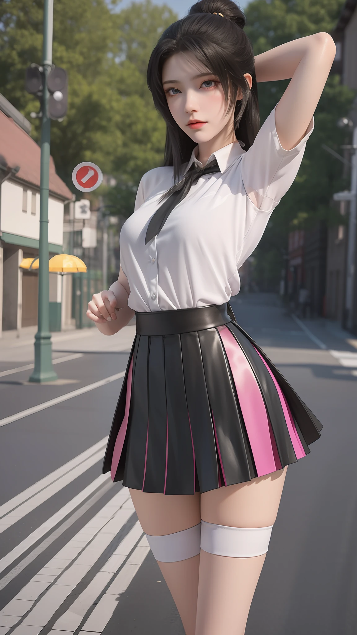 Arad woman poses for a photo in a short skirt and white shirt, Surrealism female students, Surrealism female students, Realistic schoolgirl, photorealistic anime girl rendering, thighhighs and skirt, 3 d anime realistic, small curvaceous loli, wearing skirt and high socks, Photorealistic anime, cute female student, Realistic anime 3 D style, Female Student