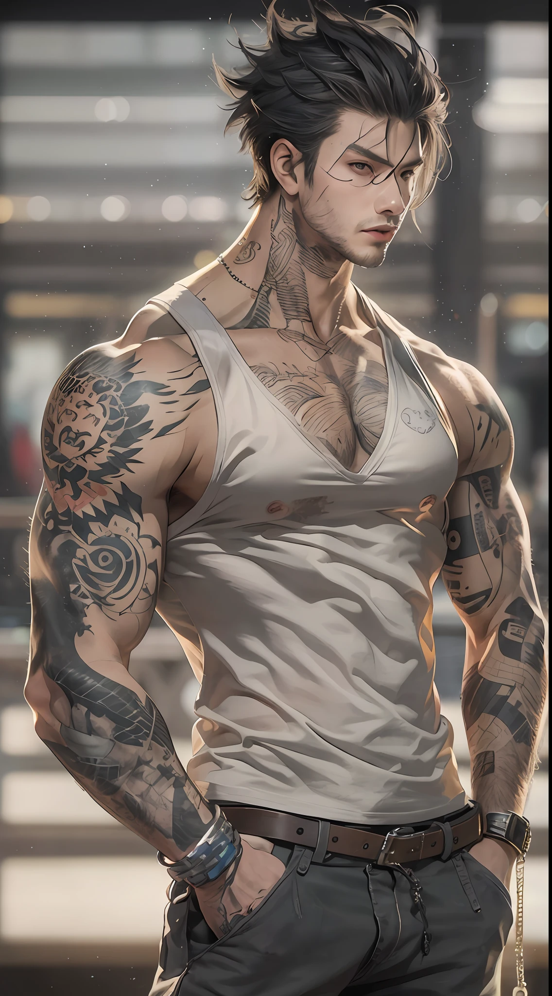 Un primer plano de un hombre rudo con tatuajes en el pecho y brazosas,en un gimnasio de boxeo,Chico guapo en el arte de Demon Slayer, Personaje masculino de anime, Arte detallado del personaje de anime, inspired by Itō Ogura Yonesuke, muscular character, Personaje de anime, Estilo anime masculino, Personaje de estilo anime, inspired by Munakata Shikō, Cuerpo completo del personaje, Arte digital de Danganronpa,alta calidad,muy detallado,pelo corto,ojos oscuros,mirada desafiante,cadenas,sin camisa,reloj,pulceras,tatuajes detallados por todo el cuerpo,