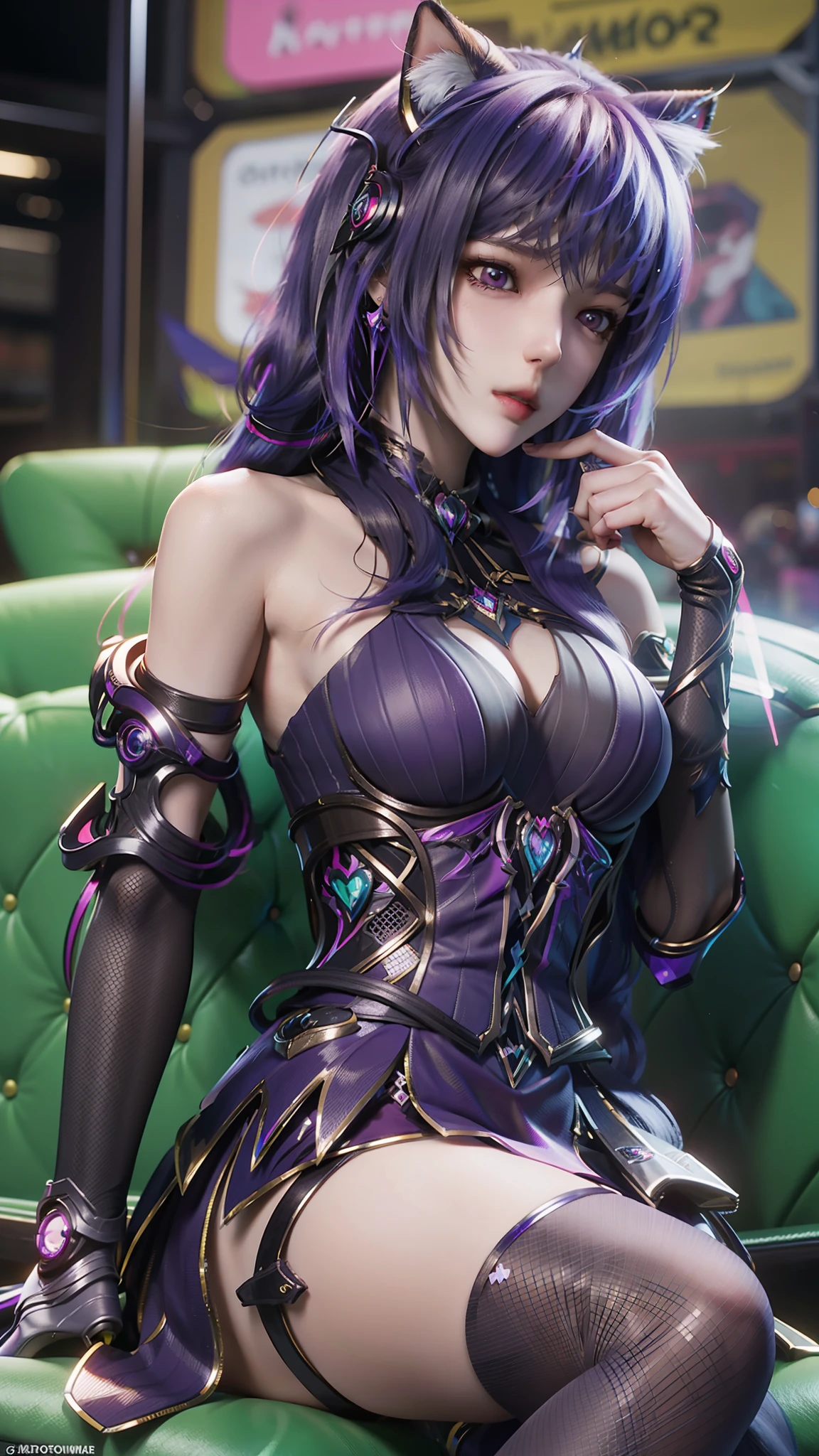 There is a woman sitting on a chair，Wearing a cat's costume, cyberpunk anime girl, female cyberpunk anime girl, cyber school girl, Cyberpunk 2 0 y. o model girl, dreamy cyberpunk girl, Digital cyberpunk anime art, muted cyberpunk style, Cyberpunk costumes, anime cyberpunk art, trending on cgstation, cyberpunk anime girl mech, cyberpunk anime art, cyberpunk femme fatale