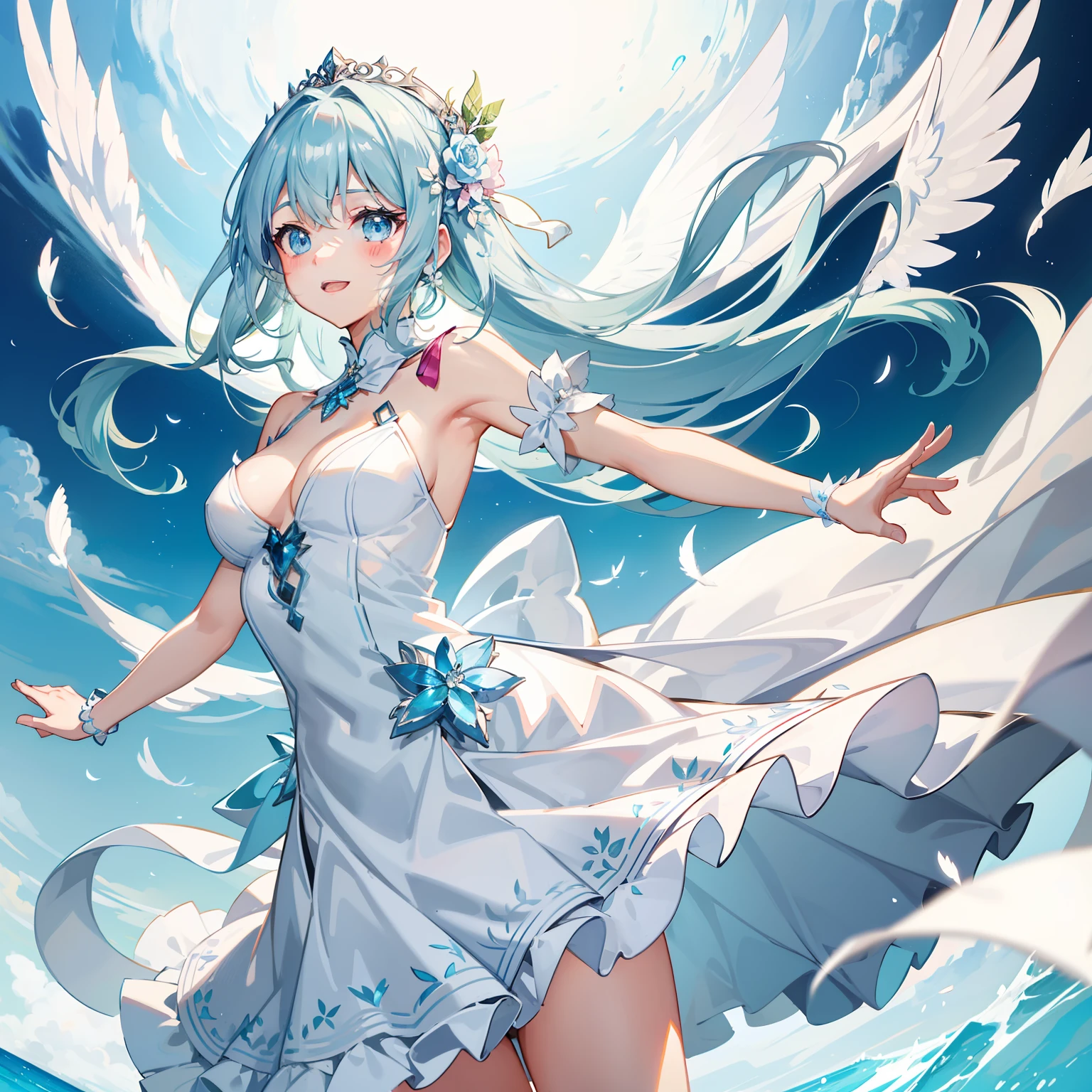 An anime girl who suddenly falls from a high altitude,She appears as if she were a fairy from a fairy tale world。She wore a white dress like a wedding dress,The skirt flutters gently in the wind,Exudes a dreamy atmosphere。The dress is embroidered with a delicate floral pattern,Embellished with shiny crystals,It was as if starlight fell on her。
The girl has a pair of white wings,The wings exhibit a delicate feathery texture,Shining with a silver-white light。In the sunlight,The light on the wings exudes a soft glow,It's intoxicating。Her hair is a smooth pink,It was as if pink feathers were gently flickering behind her。The eyes are a bright and pure blue,Like a crystal pearl in the lake,It exudes a gentle and determined glow。
When she fell to the ground,She landed lightly in the sea of flowers,Swinging his hands gracefully。Her expression was full of surprise and curiosity,There is a lively and agile light in the eyes。She spread her arms,It seems to be dancing with flowers,The body shakes gently,It's as if you can feel the magic of nature。A serene and joyful smile appeared on her face,Exudes endless warmth and beauty。