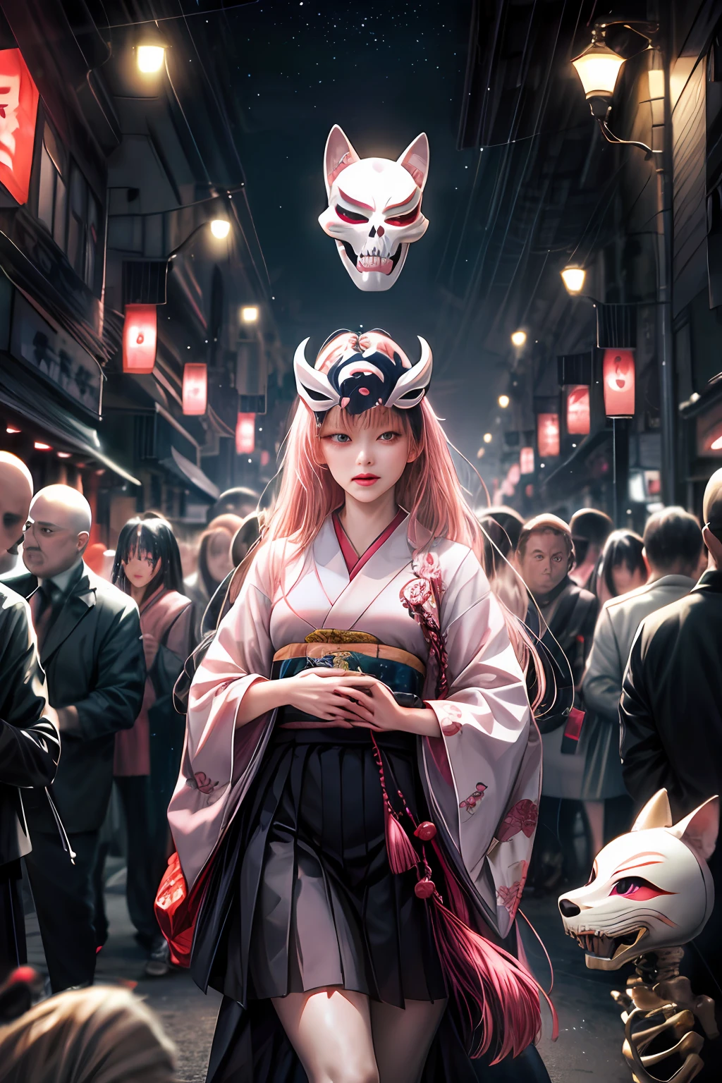 best qualtiy，realisticlying， Night City，youkai，Skeleton, Fox, , Black and white JK skirt, Large crowds, matrix, Hyakki Night Line, japanese-inspired, Mask，Pink Long Hair，By bangs，Big Beautiful