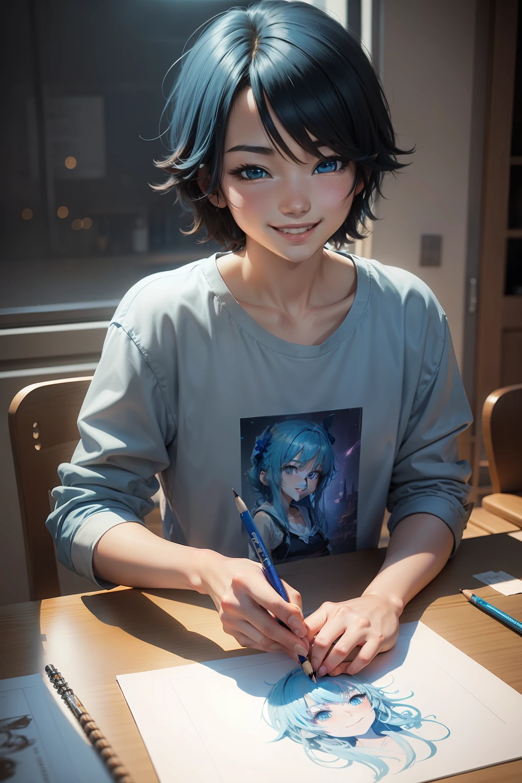2D Anime Style Drawing Young Artist Drawing on Table Smiling Blue Lighting No Background