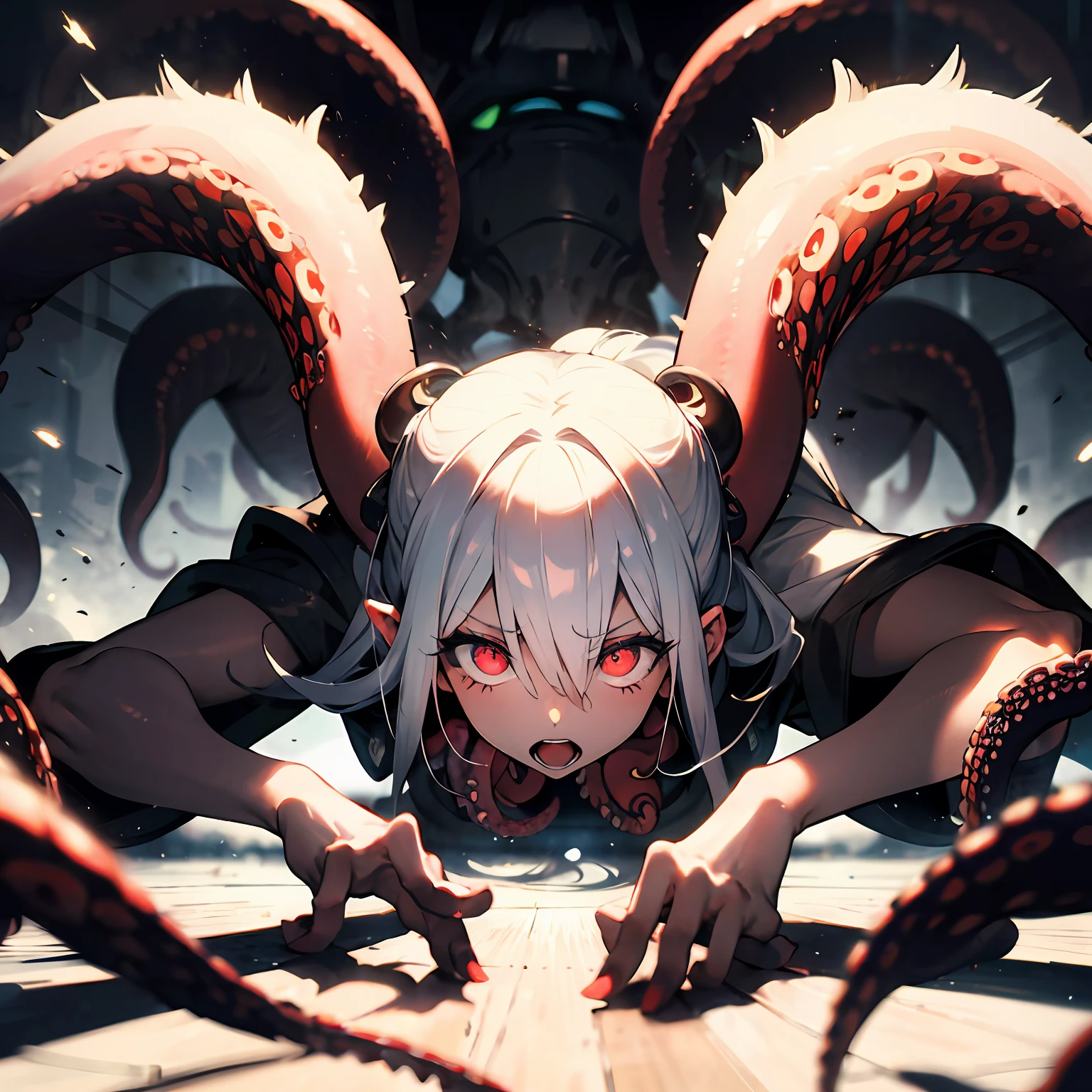 White hair，huge tentacles，many tentacles，Many octopus claws，hoang lap，uncanny，Atmosphere of despair，abstract backgrounds，with multiple eyes，Tentacles have eyes，Perfect face，huge size eyes，red color eyes，opens his eyes wide，Neon tones，Strong contrast，Motion blur，actionpose，dynamic blur，tmasterpiece，Rich graphics，Storytelling images，high qulity，blurryforeground，A high resolution，high detal