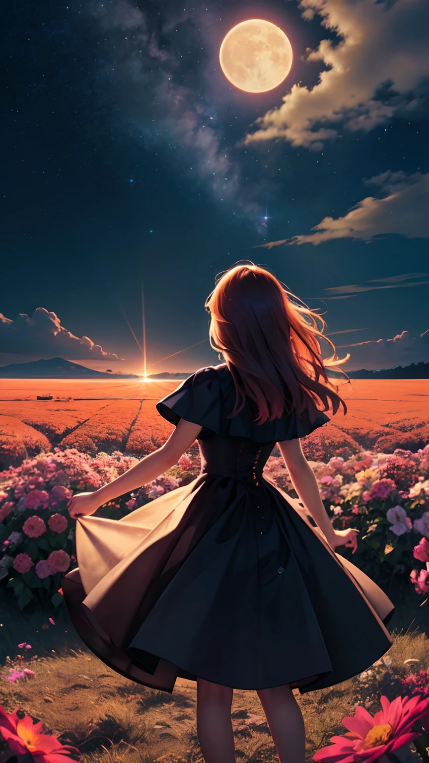 Expansive landscape photography，（a bottom view showing the sky above and open country below），a girl standing in a field of flowers looking up，（moon full：1.4），（meteors：0.9），（Starcloud：1.3），mountain in the distance，tree-breaking production art，（Warm light source：1.2），（glowworm：1.2），lamp lights，Lots of purple and orange，Complicated details，Volumetriclighting，BREAK realism（tmasterpiece： 1.2） ， （best qualtiy）， 4K， ultra - detailed， （Dynamic synthesis： 1.4）， highly  detailed， Colorful detailed， （Irridescent color： 1.2）， （Bright lighting， Atmospheric lighting）， dream magical， magic， （独奏： 1.2）
