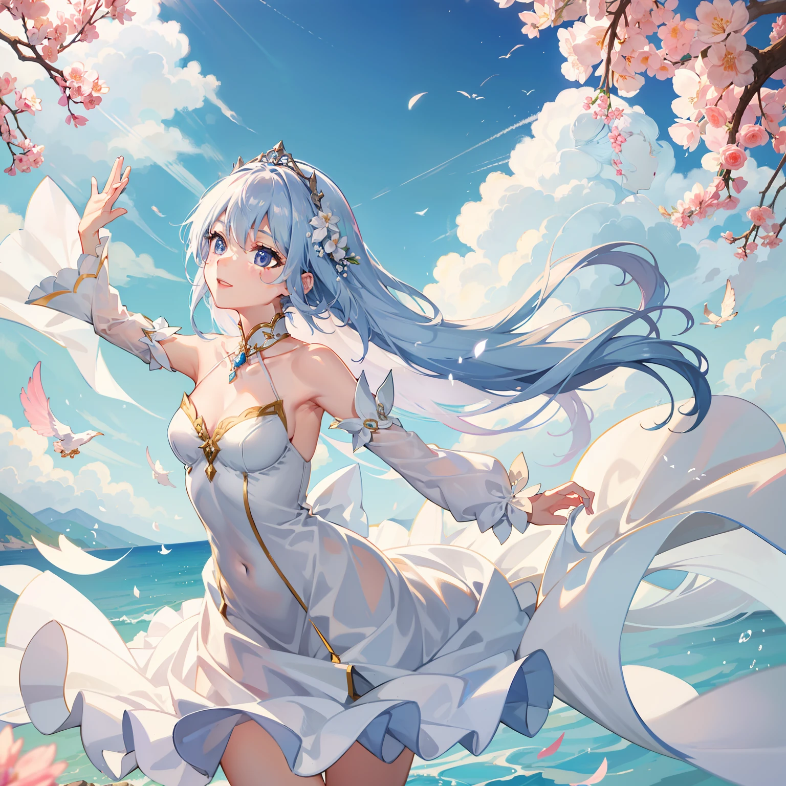 An anime girl who suddenly falls from a high altitude,She appears as if she were a fairy from a fairy tale world。She wore a white dress like a wedding dress,The skirt flutters gently in the wind,Exudes a dreamy atmosphere。The dress is embroidered with a delicate floral pattern,Embellished with shiny crystals,It was as if starlight fell on her。
The girl has a pair of white wings,The wings exhibit a delicate feathery texture,Shining with a silver-white light。In the sunlight,The light on the wings exudes a soft glow,It's intoxicating。Her hair is a smooth pink,It was as if pink feathers were gently flickering behind her。The eyes are a bright and pure blue,Like a crystal pearl in the lake,It exudes a gentle and determined glow。
When she fell to the ground,She landed lightly in the sea of flowers,Swinging his hands gracefully。Her expression was full of surprise and curiosity,There is a lively and agile light in the eyes。She spread her arms,It seems to be dancing with flowers,The body shakes gently,It's as if you can feel the magic of nature。A serene and joyful smile appeared on her face,Exudes endless warmth and beauty。