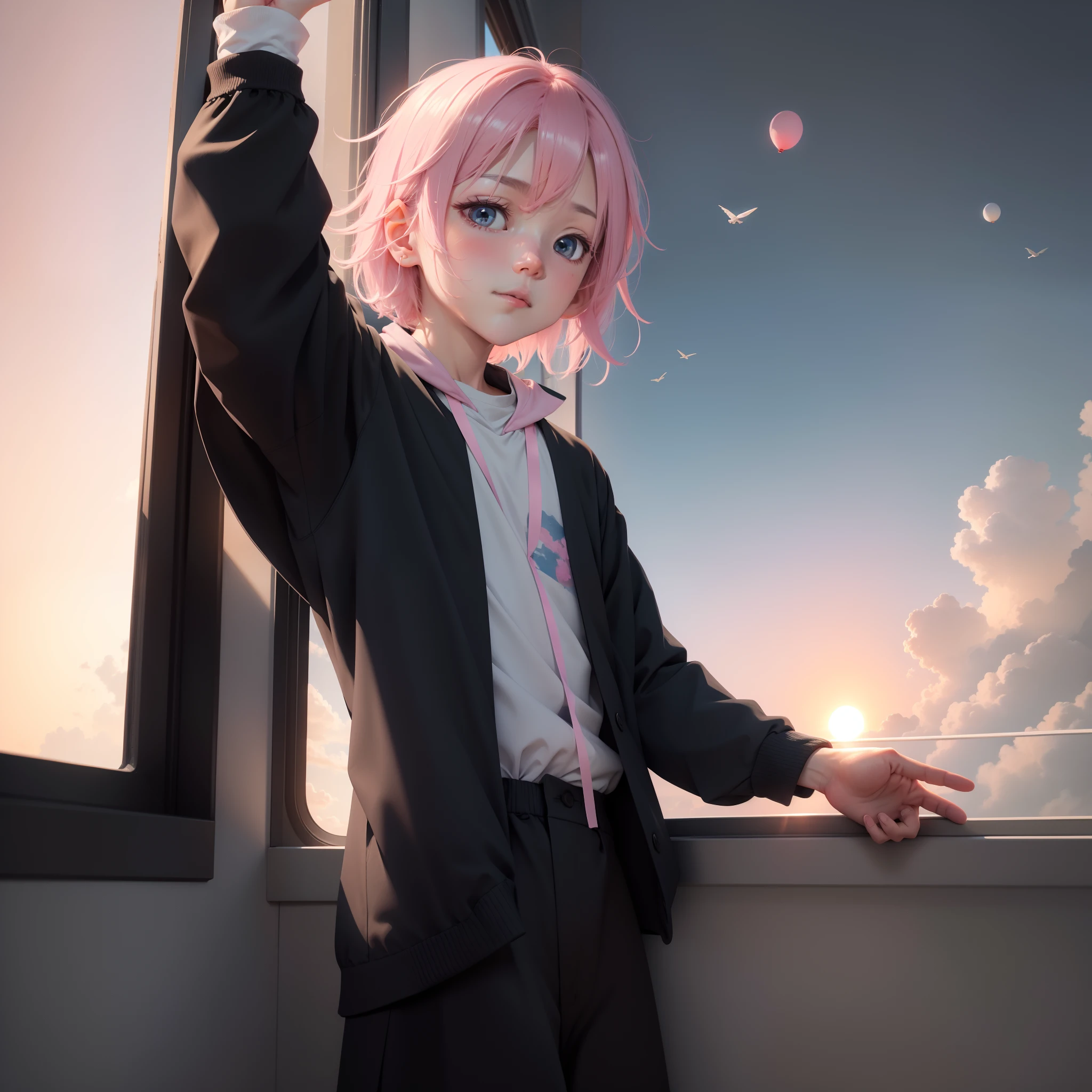 first person perspective，Black sleeves，The left hand is propped up by the window。Holding a paper airplane in his right hand, he flew out the window。With blue skies。Pale pink clouds，A warm glow shines on the hand。Colorful balloons in the distant sky。youthfulness。and the sun was shining brightly。There are fireworks in the distance。