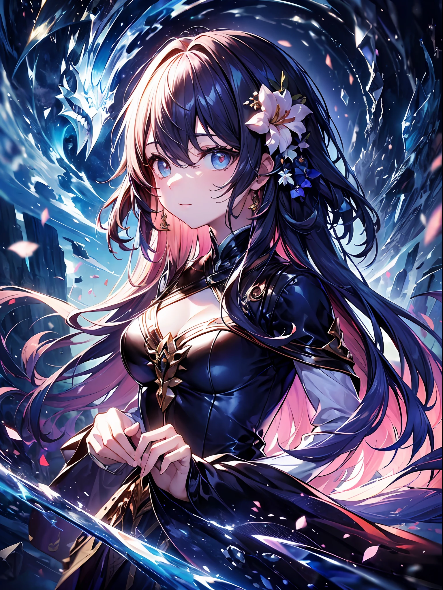 absurdres, highres, ultra detailed, HDR, master piece, best quality, Byleth, dark blue hair, expressive blue eyes, Fire Emblem Three Houses, solo, girl, extremely beautiful, pretty, black cape, black clothes, pink shining butterflies, pink lilies, pink petals, water