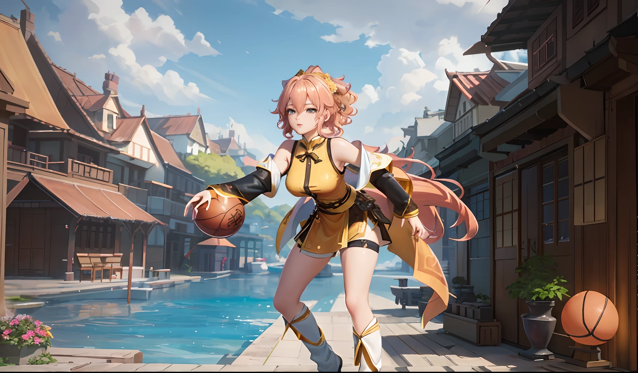 tmasterpiece, Best quality, (Detailed eyes and skin), ((Realistic)), jixiaoman, 1girll,A girl plays basketball,Blonde_Hair, Pink_Hair, Yellow_clothes, black_clothes, Blue_Eyes, Blue_sky, Blurry, Blurry_Background, Blurry_foreground,, mediating_Breasts, Exercise_bblurry,nase,exteriors,photore_\(curly\),A plant,short detailed hair,独奏,