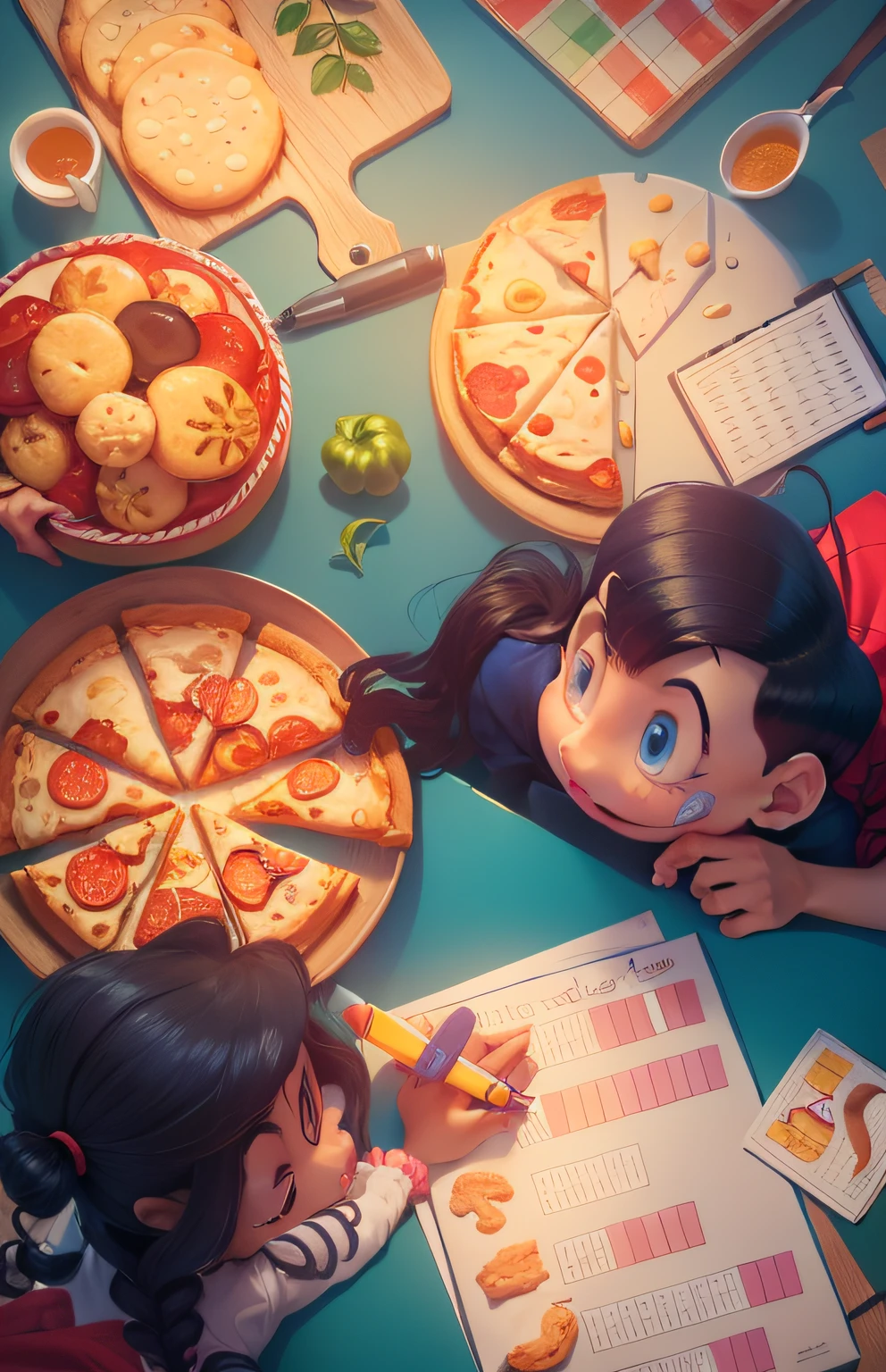 A boy and a girl cartoon style, comiendo pizza con tomates, cheese biscuits and writing and coloring with pencils, servilletas