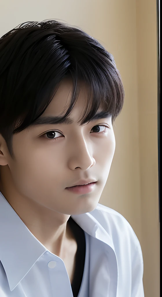 top-quality, ​masterpiece, 超A high resolution, (realisitic: 1.4),  The skin, Black eyes, A detailed face,((1 Japan Male)), 20yr old、a handsome,Black medium hair、Care worker、In a nursing home、Looking straight at the camera.