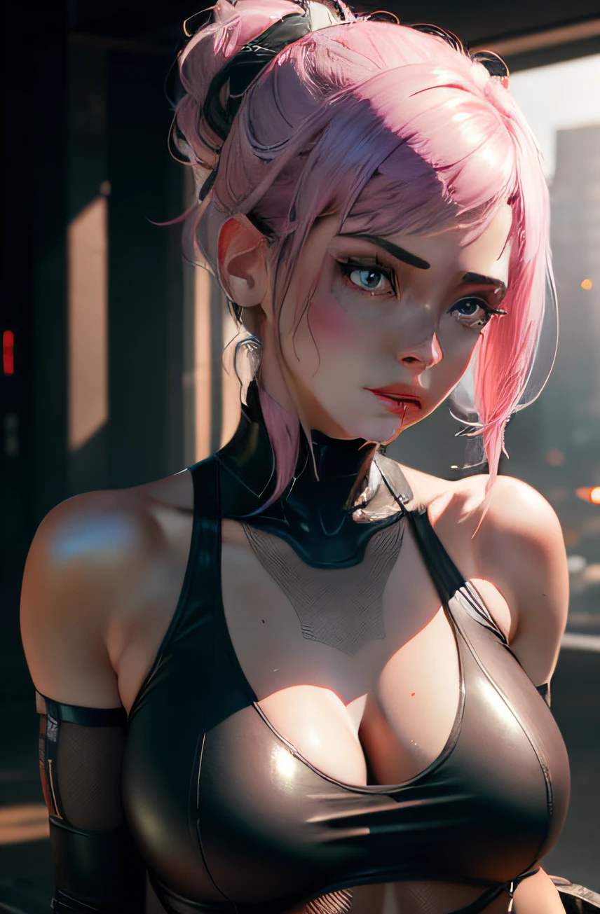 1 girl, pink Tank top, black latex, ((Best quality)), ((masterpiece)), (detailed:1.4), 3D, an image of a beautiful cyberpunk female,HDR (High Dynamic Range),Ray Tracing,NVIDIA RTX,Super-Resolution,Unreal 5,Subsurface scattering,PBR Texturing,Post-processing,Anisotropic Filtering,Depth-of-field,Maximum clarity and sharpness,Multi-layered textures,Albedo and Specular maps,Surface shading,Accurate simulation of light-material interaction,Perfect proportions,Octane Render,Two-tone lighting,Wide aperture,Low ISO,White balance,Rule of thirds,8K RAW,