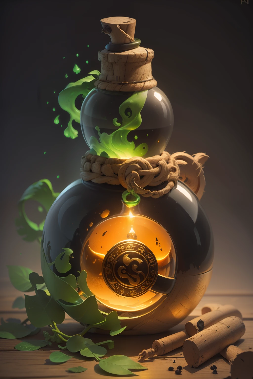 a green liquid in a glass bottle with a cork stopper, potion of healing, potion, magical potions, making a potion, magical potions, health potion, magic spell icon, garrafa de veneno hiper realista, painting of one health potion, potions, shiny potions, Beautiful green liquid, Magic Experiment, magic item, alchemist lab, casting a spell on a potion