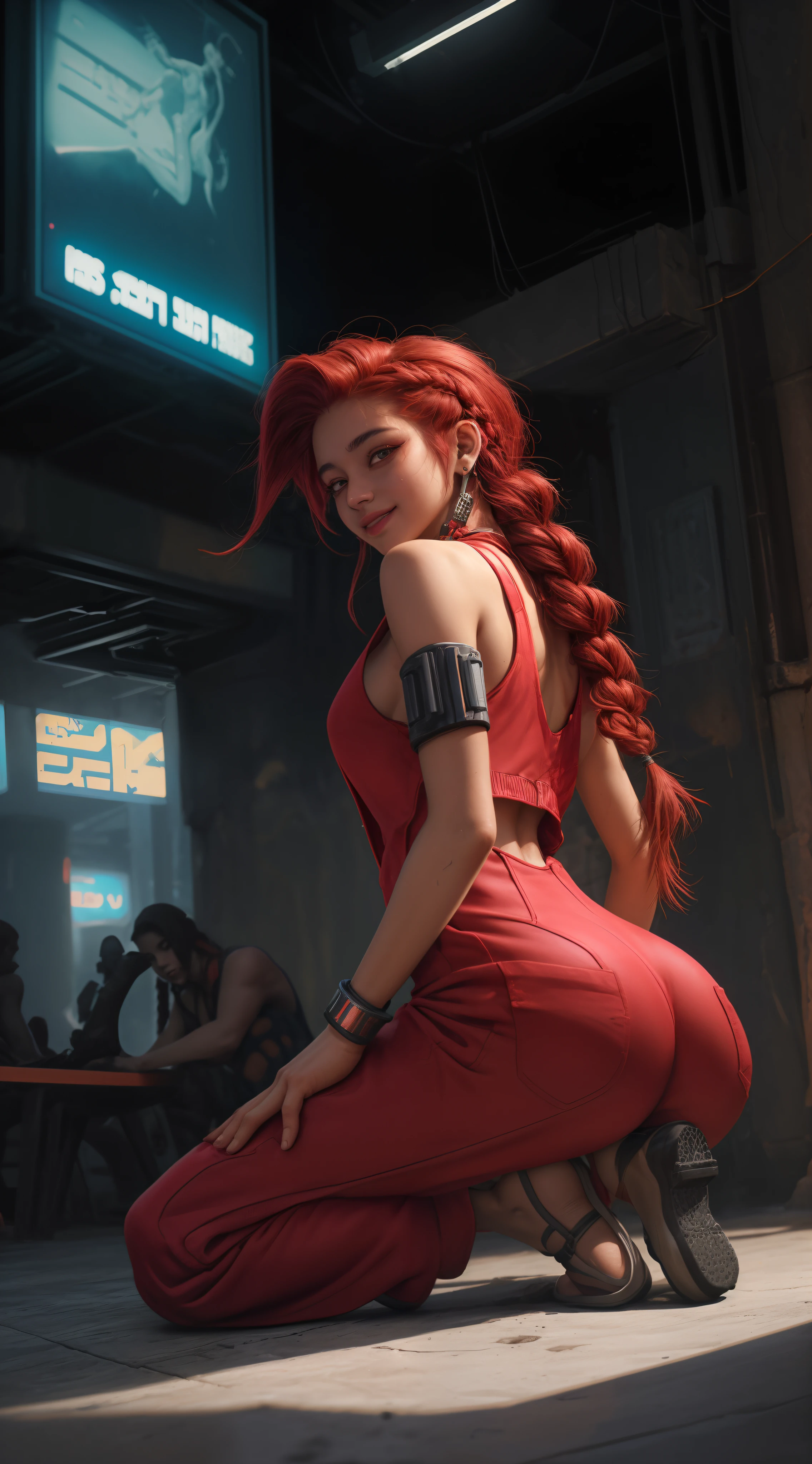 Closeup of 1 Egyptian girl smiling 18 years old profile ,close up angle, Red hair braids , Sexy short jumpsuit clothes,( torn shirtless jumpsuit),seios grandes , kneeling on the floor, (fundo cidade cyberpunk neon a noite) ,8K Ultra realista