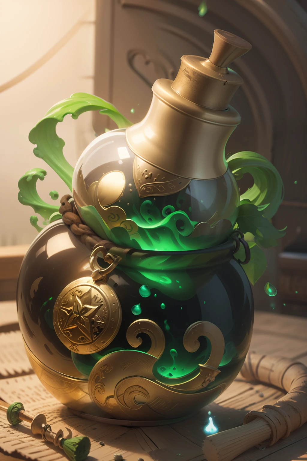 a green liquid in a glass bottle with a cork stopper, potion of healing, potion, magical potions, making a potion, magical potions, health potion, magic spell icon, garrafa de veneno hiper realista, painting of one health potion, potions, shiny potions, Beautiful green liquid, Magic Experiment, magic item, alchemist lab, casting a spell on a potion