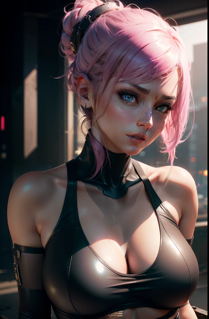 1 girl, pink Tank top, black latex, ((Best quality)), ((masterpiece)), (detailed:1.4), 3D, an image of a beautiful cyberpunk female,HDR (High Dynamic Range),Ray Tracing,NVIDIA RTX,Super-Resolution,Unreal 5,Subsurface scattering,PBR Texturing,Post-processing,Anisotropic Filtering,Depth-of-field,Maximum clarity and sharpness,Multi-layered textures,Albedo and Specular maps,Surface shading,Accurate simulation of light-material interaction,Perfect proportions,Octane Render,Two-tone lighting,Wide aperture,Low ISO,White balance,Rule of thirds,8K RAW,