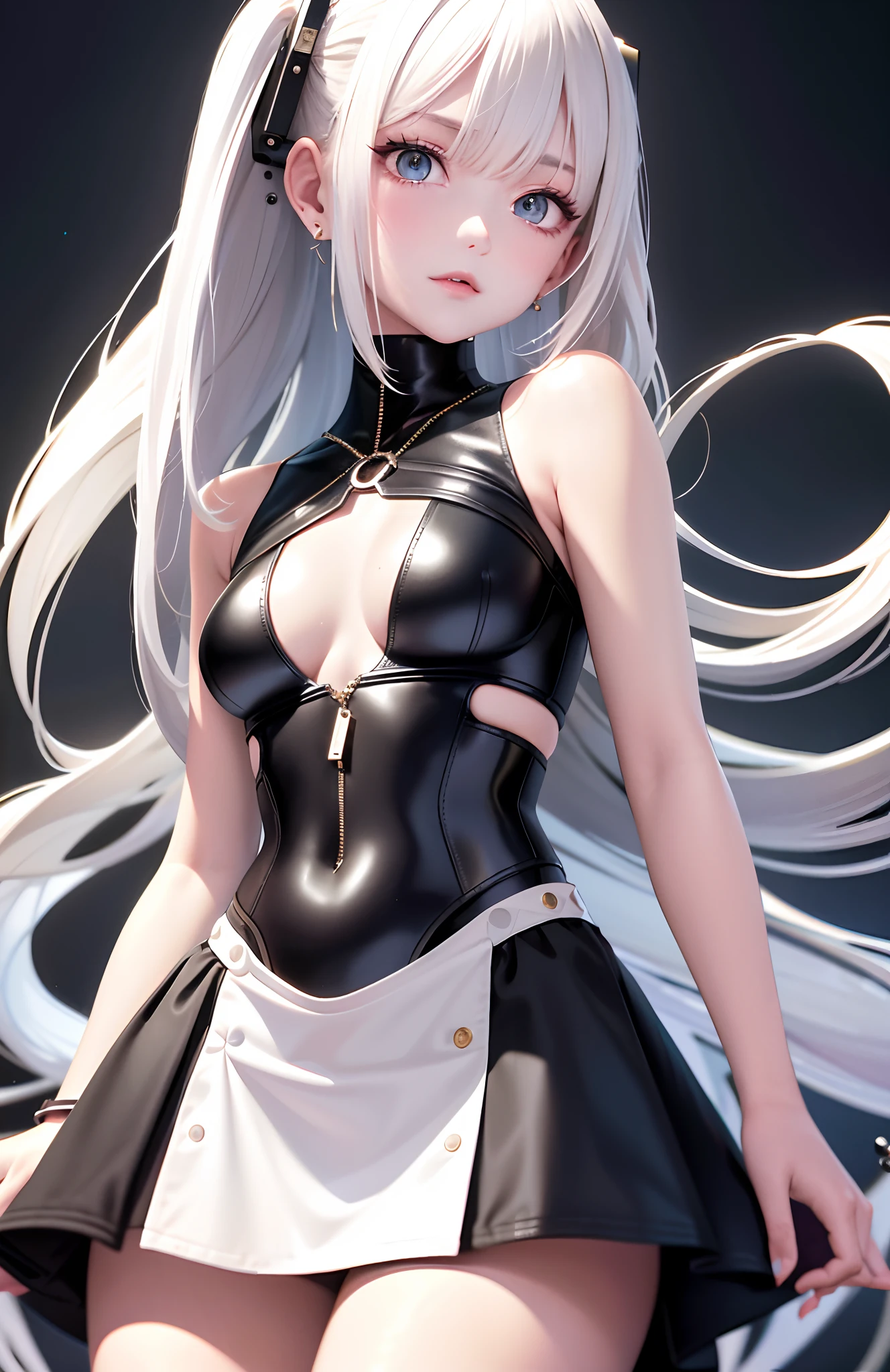 optimum,tmasterpiece,A high resolution,best qualtiy,hyper HD,super detailing,Award-Awarded,16k,独奏,(The upper part of the body),anatomy correct,Beautiful cyberpunk girl,Ex Machina,cute face,high light,Gradient Beige Hair,Hairline,((Scarlet eyes)),long eyelasher,Hanging eye corners,White skin of the,(small boobs),(Slim body),((waistcoat)),((high-waist_Skirt)),(),ear studs,(neck rings),(Laser material clothing:1.2)
