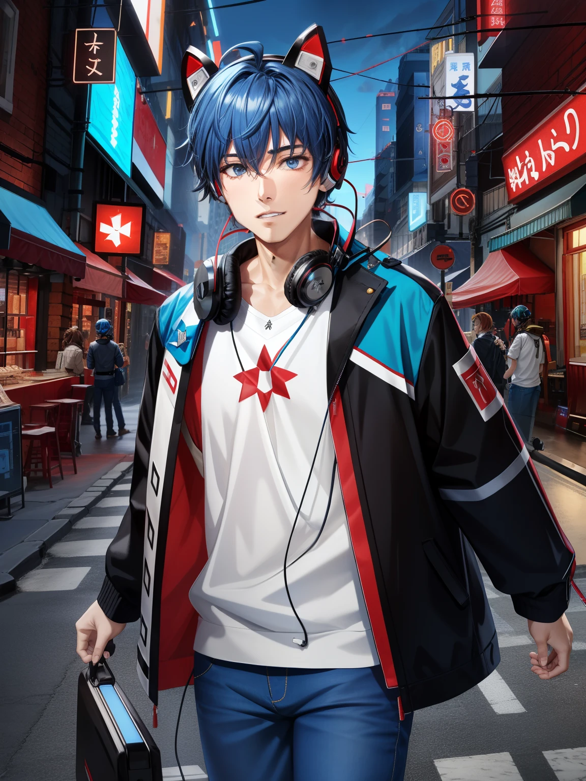 Amamine Shu\(M-side\), seulement, Regarder le spectateur, (casque, headphones around the neck:1.4), Pantalon bleu, Cheveux courts, yeux rouge , Ahoge, earrings, manches longues cheveux entre les yeux, cheveux noire, chemise, 1boy, veste noire, Accent mis sur les hommes, Chemise rouge, , , montre, denim, Index raised, city lights, Cityscape, gratte-ciel, neon light, Nuit, Cyberpunk
