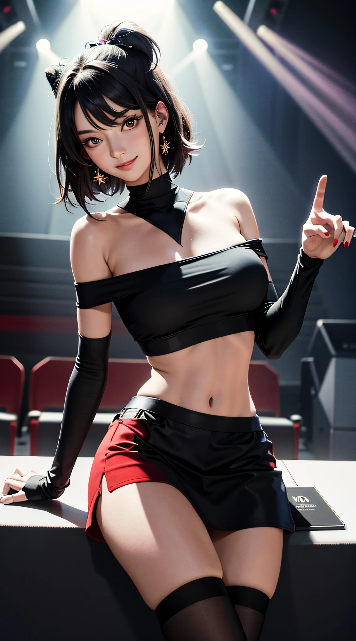 （tmasterpiece，best qualtiy：1.4），1个Giant Breast Girl，Black off-the-shoulder T-shirt on the upper body，The bottom is a red miniskirt，looking at the audience smiling，rays of sunshine，mostly cloudy sky。
