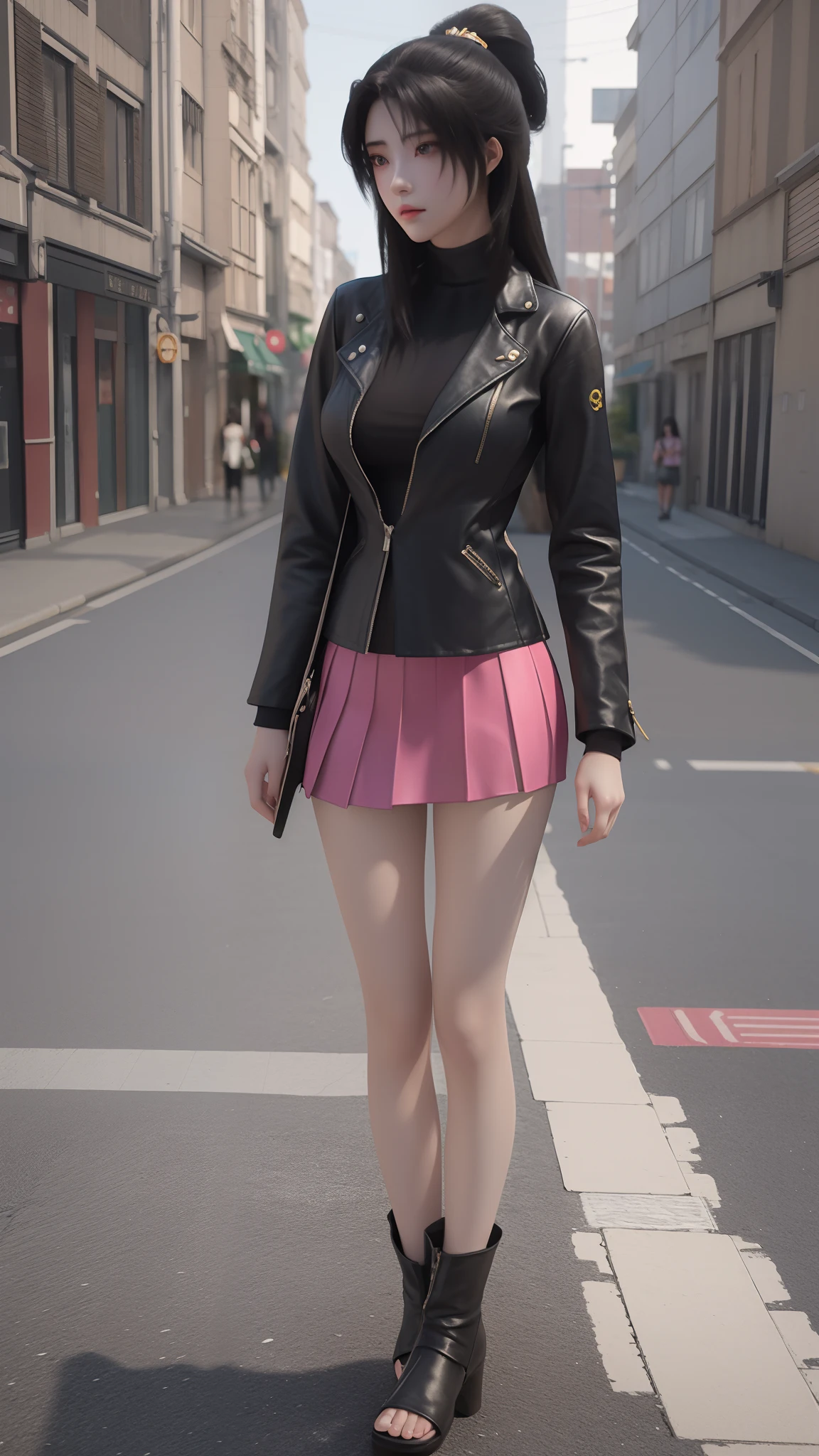 anime - style image of a woman in a short skirt and jacket, a photorealistic painting by Kentaro Miura, Trend of CGsociety, conceptual art, Smooth anime CG art, made with anime painter studio, Realistic anime 3 D style, photorealistic anime girl rendering, drawn in anime painter studio, Photorealistic anime, anime styled 3d, 3 d anime realistic