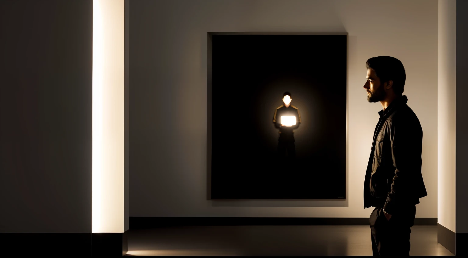 Uma imagem dividida em duas partes: na metade esquerda, The protagonist is in a dark and reflective space, Looking at one of his artworks with an expression of doubt and uncertainty. Na metade direita, The same protagonist stands before a luminous picture, with a hopeful smile upon meeting Sophie, a artista experiente. they're talking., and the connection and mutual inspiration between them is visible. The change in the lighting of the scene and the expression of the protagonist captures the transformation of emotions, From questioning to motivation.