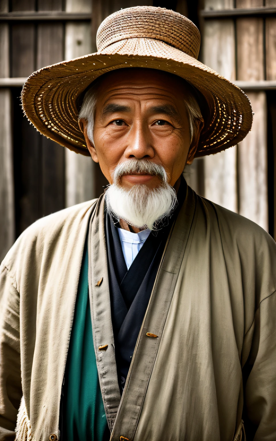 Portrait photography style，A masterpiece of the world，Ultra-unique, highly professional digital art，Film format，Hyper-realistic，Color motion picture film photography with ultra-fine detail and quality，Old house in the background，Old Man of the East，Wise old man。Wear a hat and helmet，The eyes are kind and shrewd。His skin had been blackened and powerful by the sun and rain，Wrinkles are fixed on the corners of the mouth and forehead，It seems that his years have precipitated。Wear traditional clothing, although the appearance is simple，But it exudes sublime wisdom and a sense of tenacity of strength。