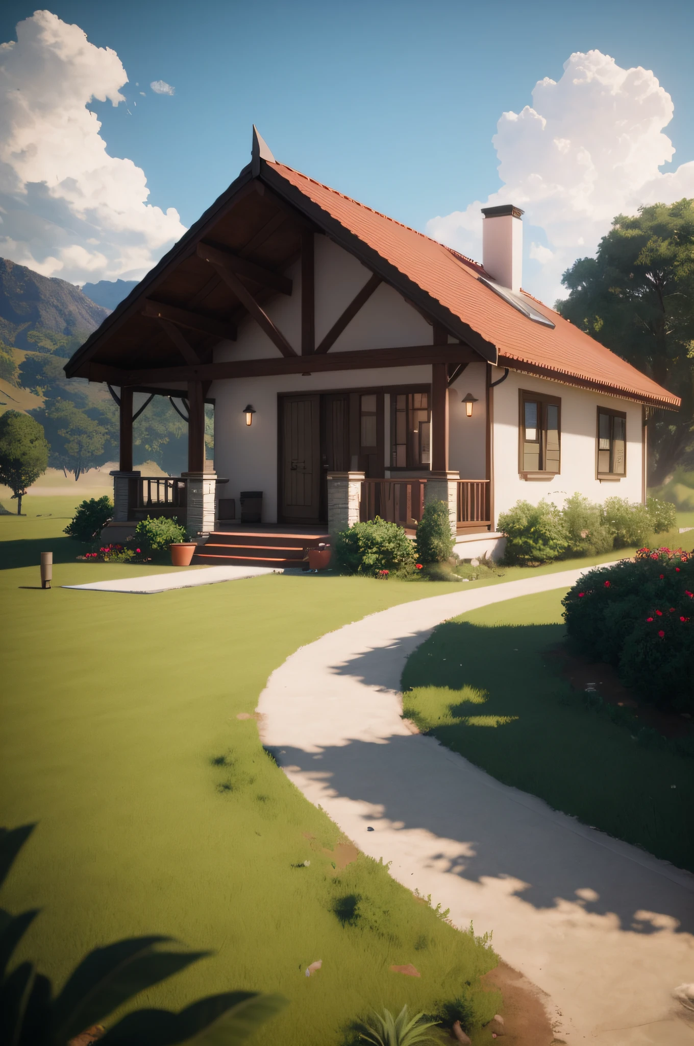 Small house with a red roof and walkways, Rendered in Lumion Pro, Rendered in Lumion, lumion render, rendered in unreal engine 3d, photoreal render, semi - realistic render, realistic unreal engine 3 d game, rendered in corona, unreal engine realistic render, photo-realistic unreal engine, rendered in unreal engine 3