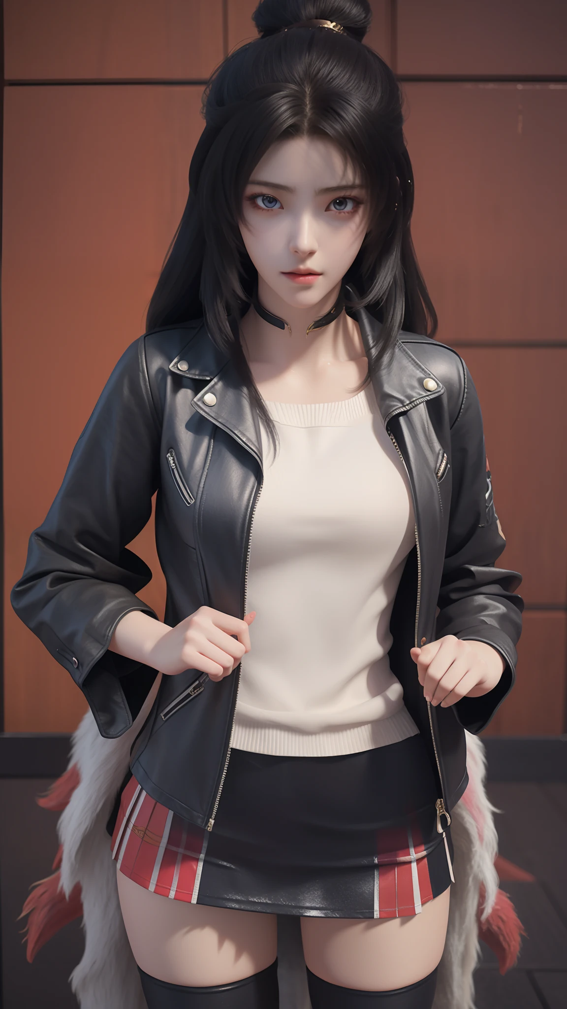 anime - style image of a woman in a short skirt and jacket, a photorealistic painting by Kentaro Miura, Trend of CGsociety, conceptual art, Smooth anime CG art, made with anime painter studio, Realistic anime 3 D style, photorealistic anime girl rendering, drawn in anime painter studio, Photorealistic anime, anime styled 3d, 3 d anime realistic