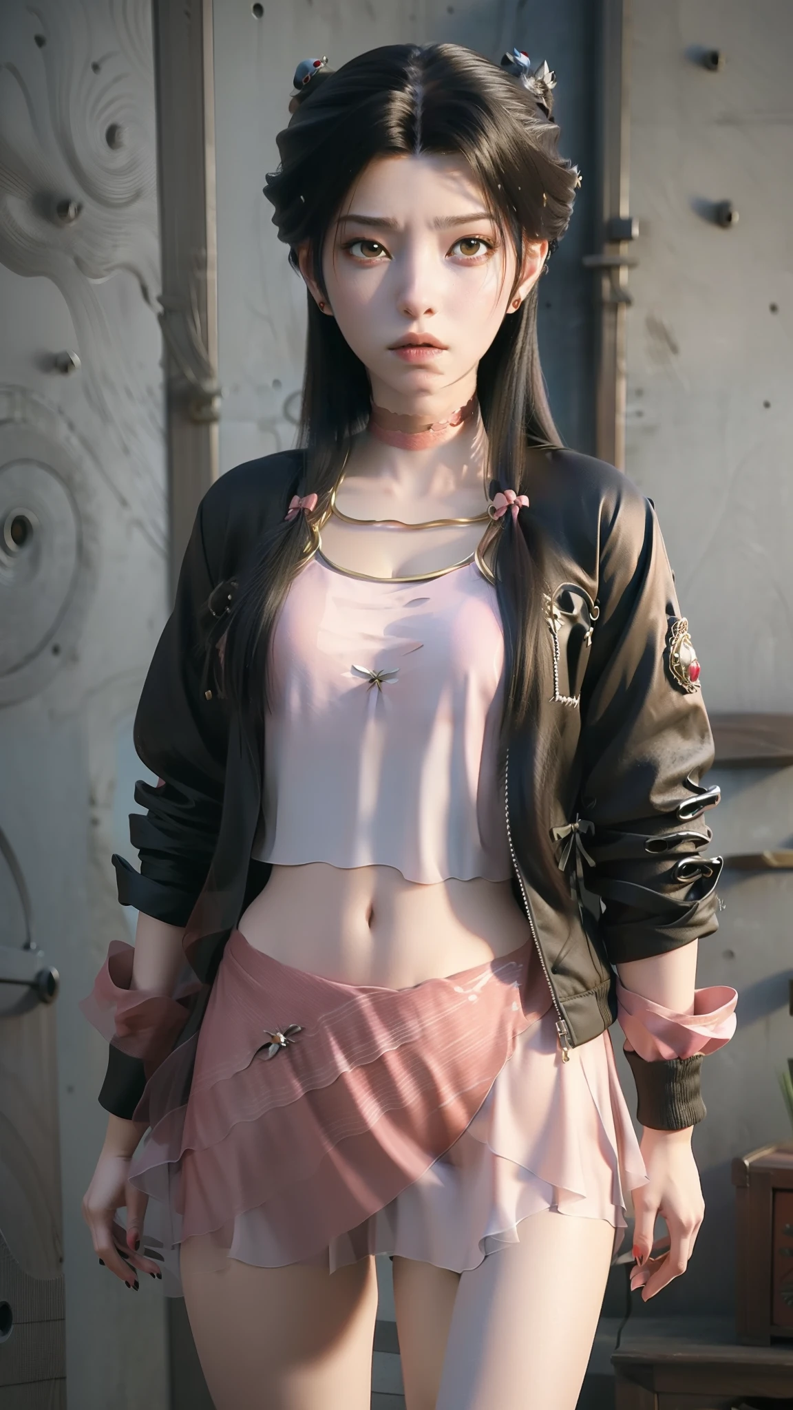 anime - style image of a woman in a short skirt and jacket, a photorealistic painting by Kentaro Miura, Trend of CGsociety, conceptual art, Smooth anime CG art, made with anime painter studio, Realistic anime 3 D style, photorealistic anime girl rendering, drawn in anime painter studio, Photorealistic anime, anime styled 3d, 3 d anime realistic