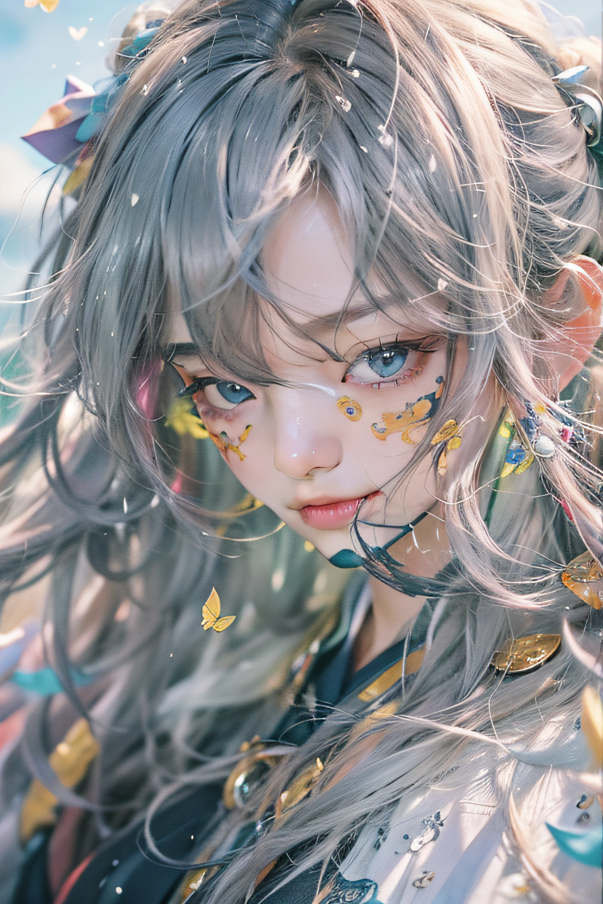 (8k, RAW photo:1.2), best quality, ultra high res,dramatic angle,(fluttered detailed color splashs), (illustration),(((1 girl))),(long hair),(rain:0.9), (头饰:1.4),少女身边有一座古宫,汉服,(重点),彩色水墨画,(泼彩),泼彩,(((colorful))),(素描:0.8) , Masterpiece, best quality, beautiful painted, highly detailed,(denoising:0.6),[splash ink],((ink refraction)), (beautiful detailed sky),moon,highly,detaild,(masterpiece, best quality, extremely detailed） CG unity 8k壁纸，杰作，最好的质量，超详细），（石蒜）