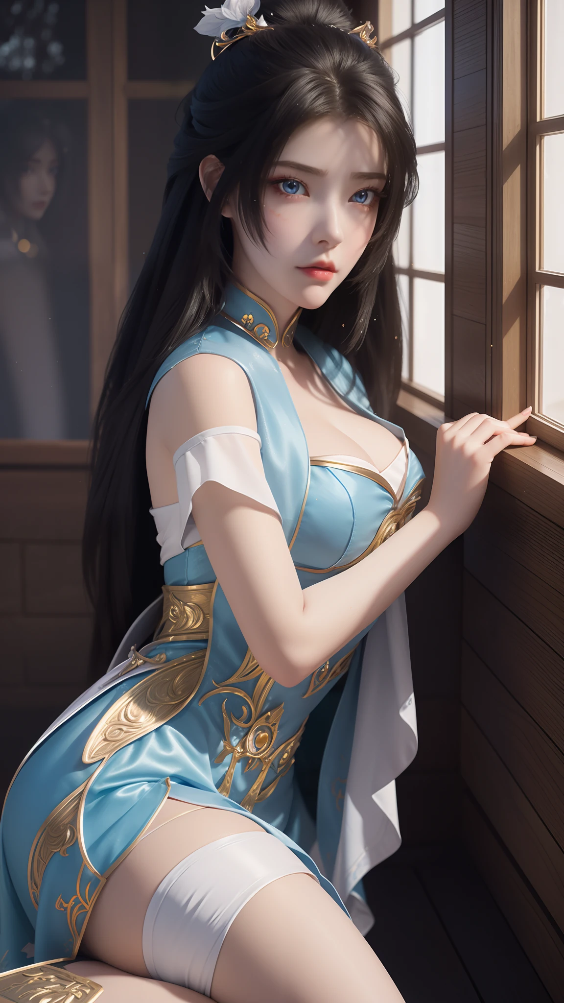 Arad woman in blue dress sitting on windowsill, cute anime waifu in a nice dress, trending on cgstation, 8K high quality detailed art, anime barbie in white stockings, highly detailed exquisite fanart, Extremely detailed Artgerm, the anime girl is crouching, flowing magical robe, beautiful and seductive anime woman, WLOP and Sakimichan