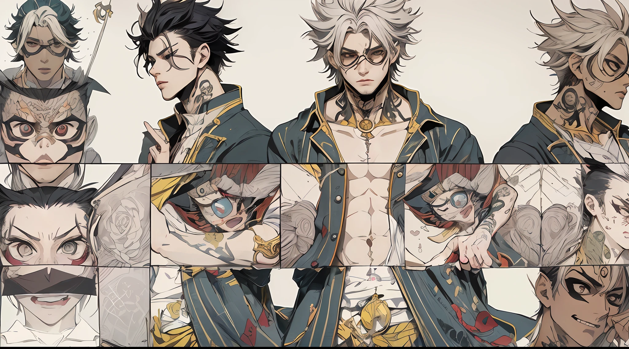 Un primer plano de un hombre rudo con tatuajes en el pecho y brazosas,en un gimnasio de boxeo,Chico guapo en el arte de Demon Slayer, Personaje masculino de anime, Arte detallado del personaje de anime, inspired by Itō Ogura Yonesuke, muscular character, Personaje de anime, Estilo anime masculino, Personaje de estilo anime, inspired by Munakata Shikō, Cuerpo completo del personaje, Arte digital de Danganronpa,alta calidad,muy detallado,pelo corto,ojos oscuros,mirada desafiante,cadenas,sin camisa,reloj,pulceras,tatuajes detallados por todo el cuerpo,