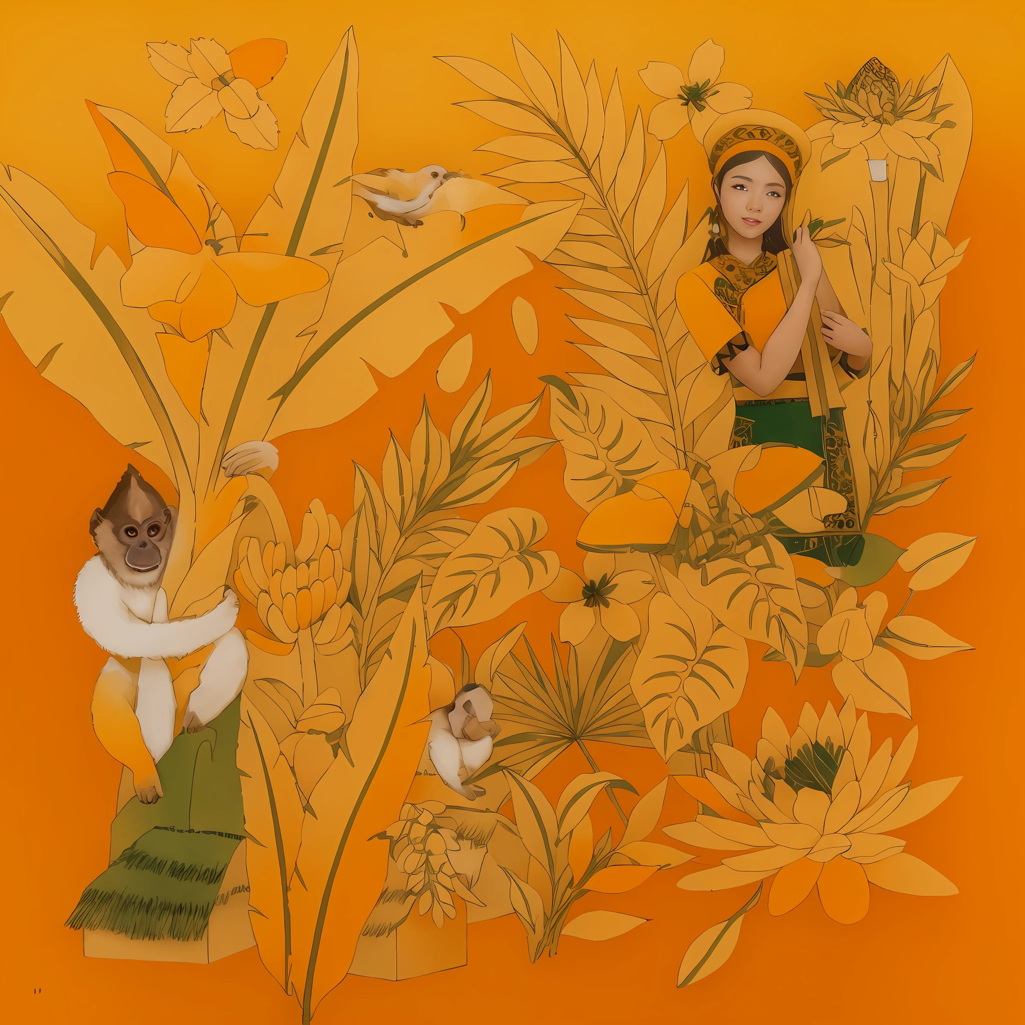 A girl in Yi costume in the grass,Holding a piece of tea in his hand,All the time the monkey climbed on the plantain leaves,Background when the original plants of Yunnan are present,Thatched huts of ethnic minorities in Yunnan,The overall color is orange,Sprinkle with some dark green。