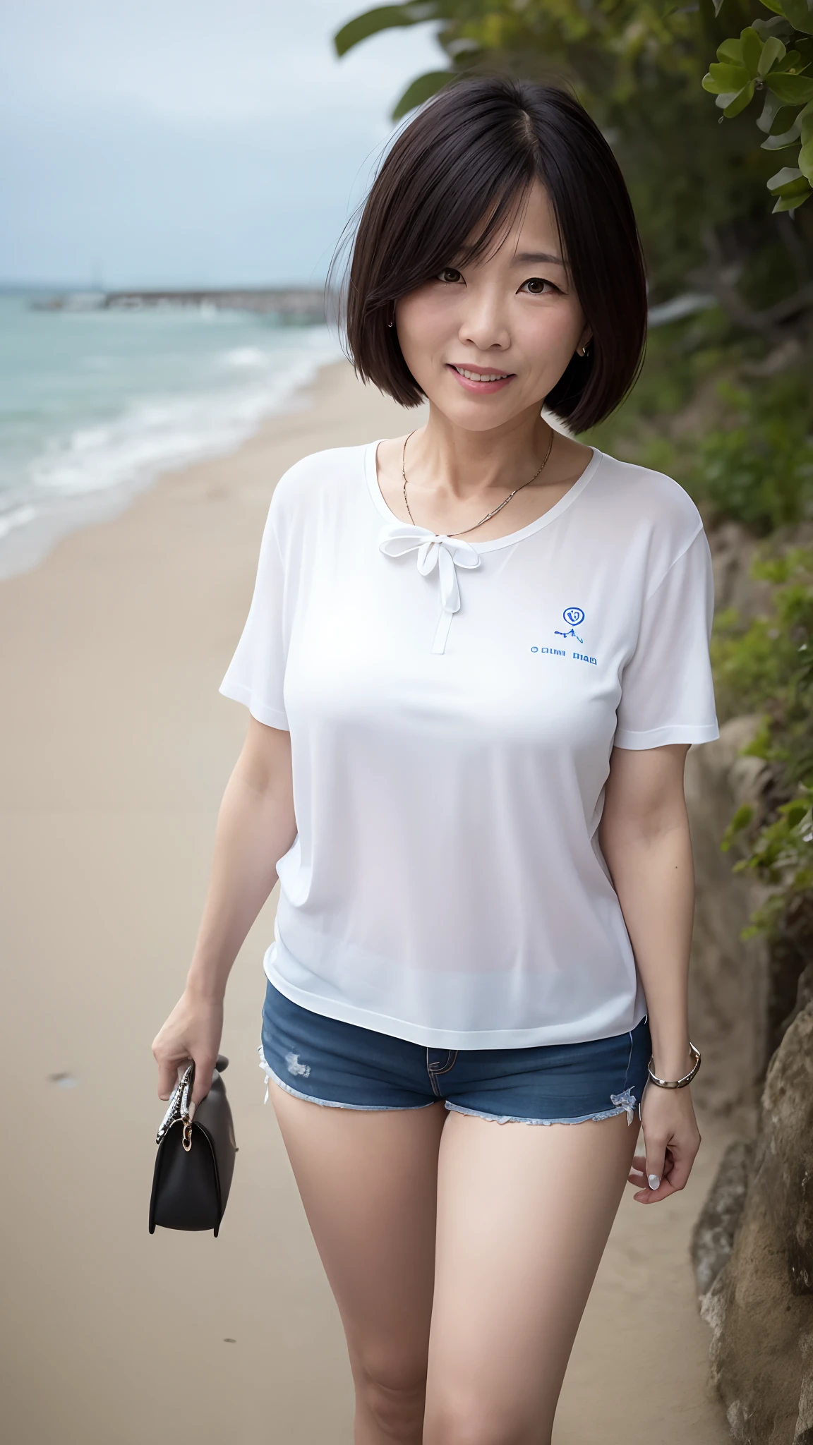 A MILF，50yearsold，sea beach，比基尼，white  clothes